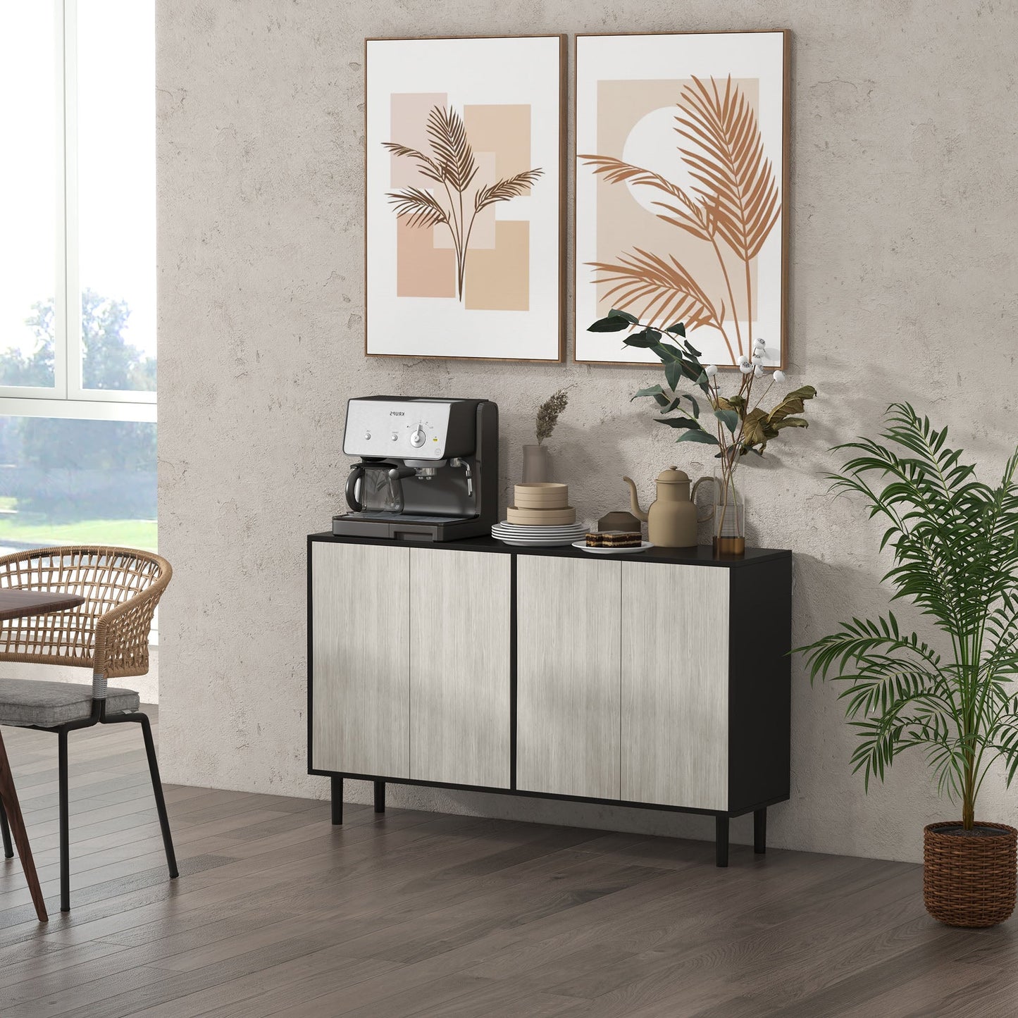 HOMCOM Modern Sideboard with 2 Cupboards, Kitchen Storage Cabinet for Living Room with Adjustable Shelves, 4 Doors and Solid Wood Legs, Black