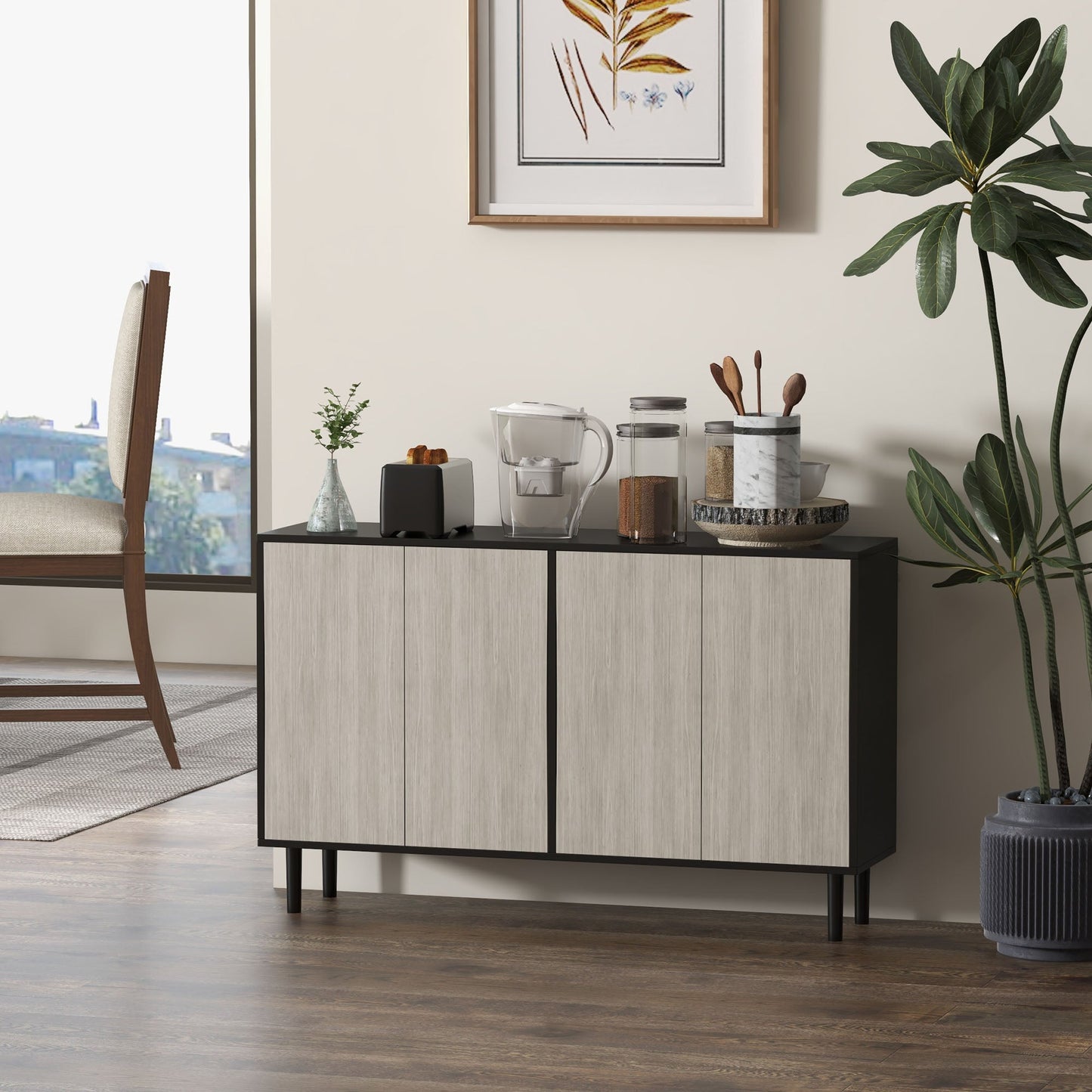 HOMCOM Modern Sideboard with 2 Cupboards, Kitchen Storage Cabinet for Living Room with Adjustable Shelves, 4 Doors and Solid Wood Legs, Black