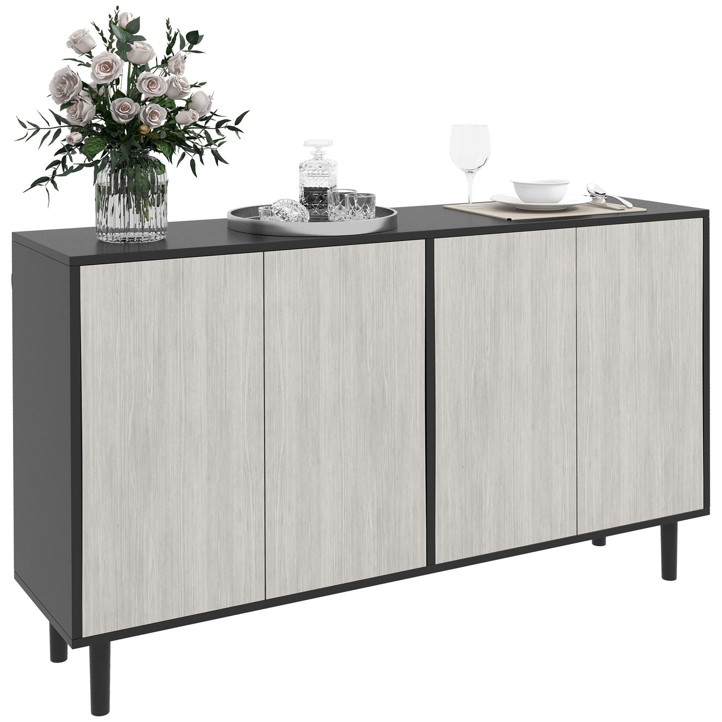 HOMCOM Modern Sideboard with 2 Cupboards, Kitchen Storage Cabinet for Living Room with Adjustable Shelves, 4 Doors and Solid Wood Legs, Black