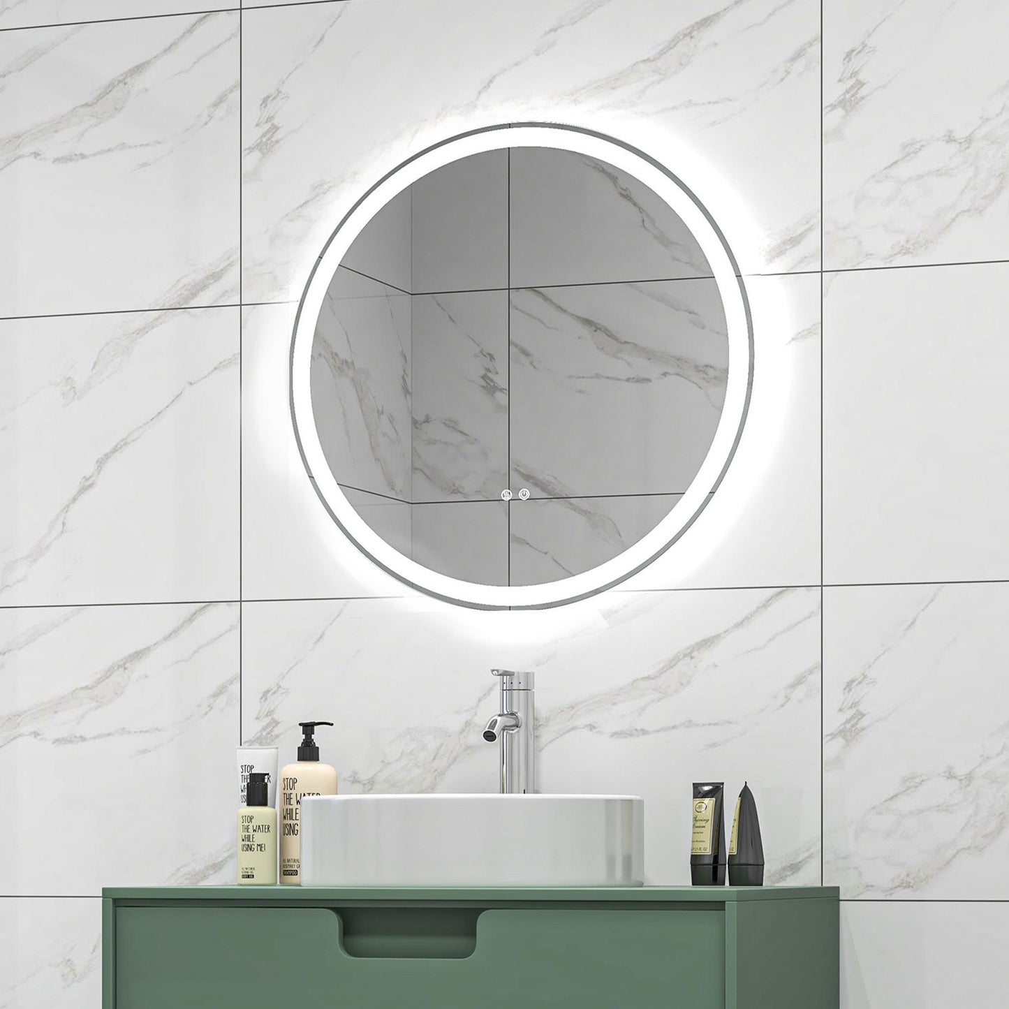 kleankin Round Bathroom Mirror with LED Lights, Wall Mount Dimmable Makeup Mirror with 3 Temperature Colours, Defogging Film and Memory Function, Frameless, Hardwired, 60 x 60 cm