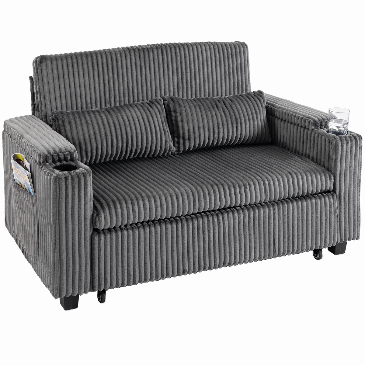 2 Seater Sofa Bed, 3-in-1 Convertible Pull Out Sleeper Sofa, Corduroy Loveseat Bed Settee with Adjustable Backrest, Storage Armrests, Cup Holders, Side Pockets for Living Room, Dark Grey