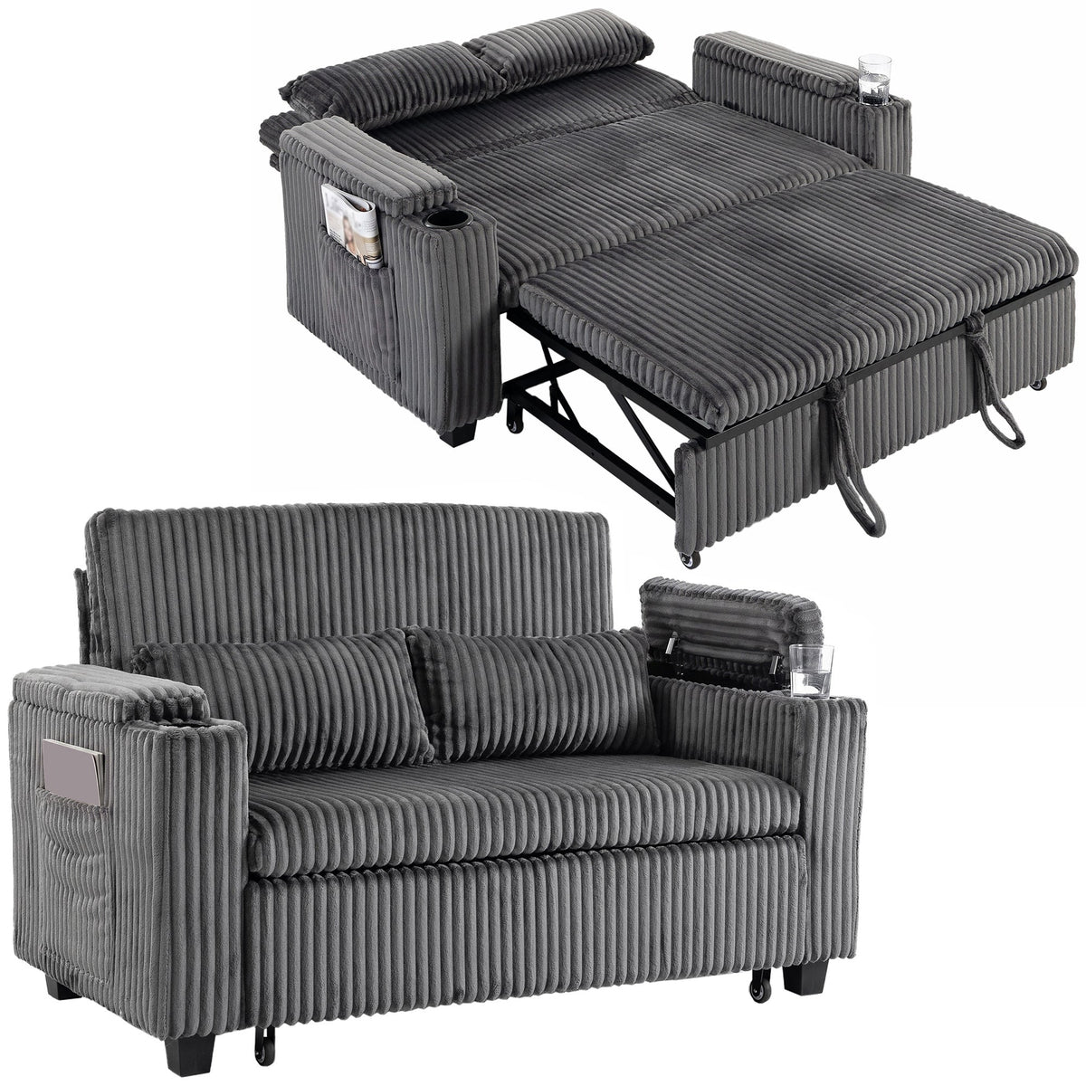 2 Seater Sofa Bed, 3-in-1 Convertible Pull Out Sleeper Sofa, Corduroy Loveseat Bed Settee with Adjustable Backrest, Storage Armrests, Cup Holders, Side Pockets for Living Room, Dark Grey