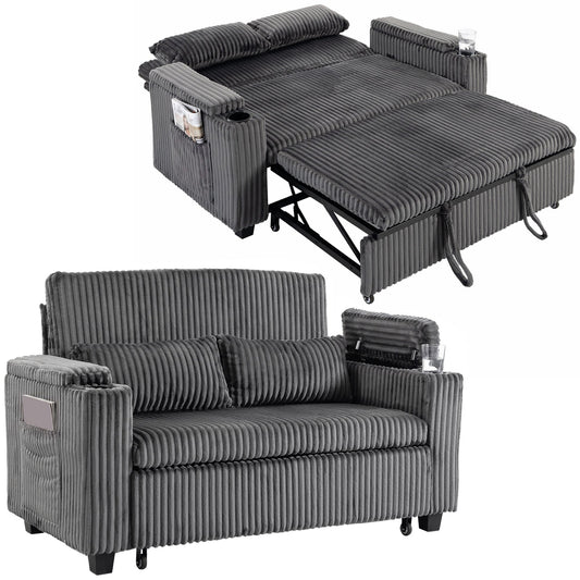 2 Seater Sofa Bed, 3-in-1 Convertible Pull Out Sleeper Sofa, Corduroy Loveseat Bed Settee with Adjustable Backrest, Storage Armrests, Cup Holders, Side Pockets for Living Room, Dark Grey
