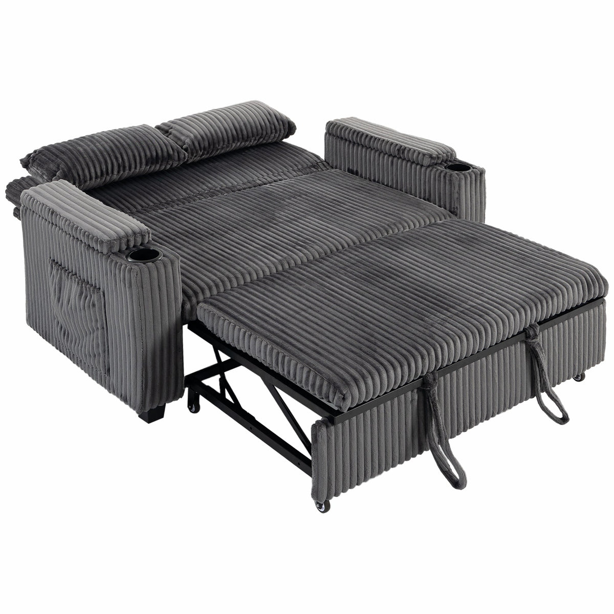 2 Seater Sofa Bed, 3-in-1 Convertible Pull Out Sleeper Sofa, Corduroy Loveseat Bed Settee with Adjustable Backrest, Storage Armrests, Cup Holders, Side Pockets for Living Room, Dark Grey