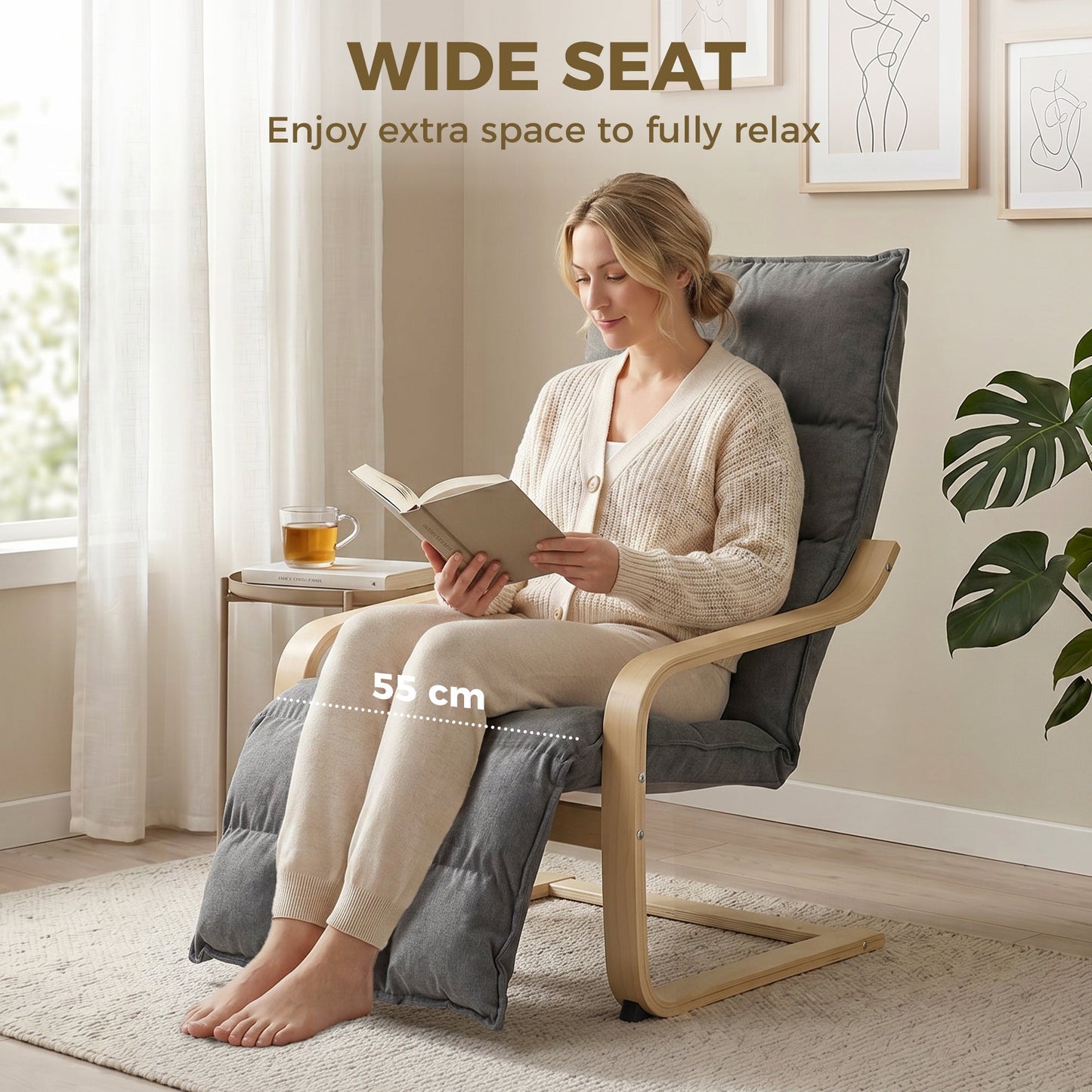 Accent Chair, Linen-Look Fabric Armchair with Footrest, Plush Cushion, High Back, Wide Seat, Curved Legs and Arms, Gentle Motion, Leisure Lounge Chair for Living Room, Bedroom, Grey