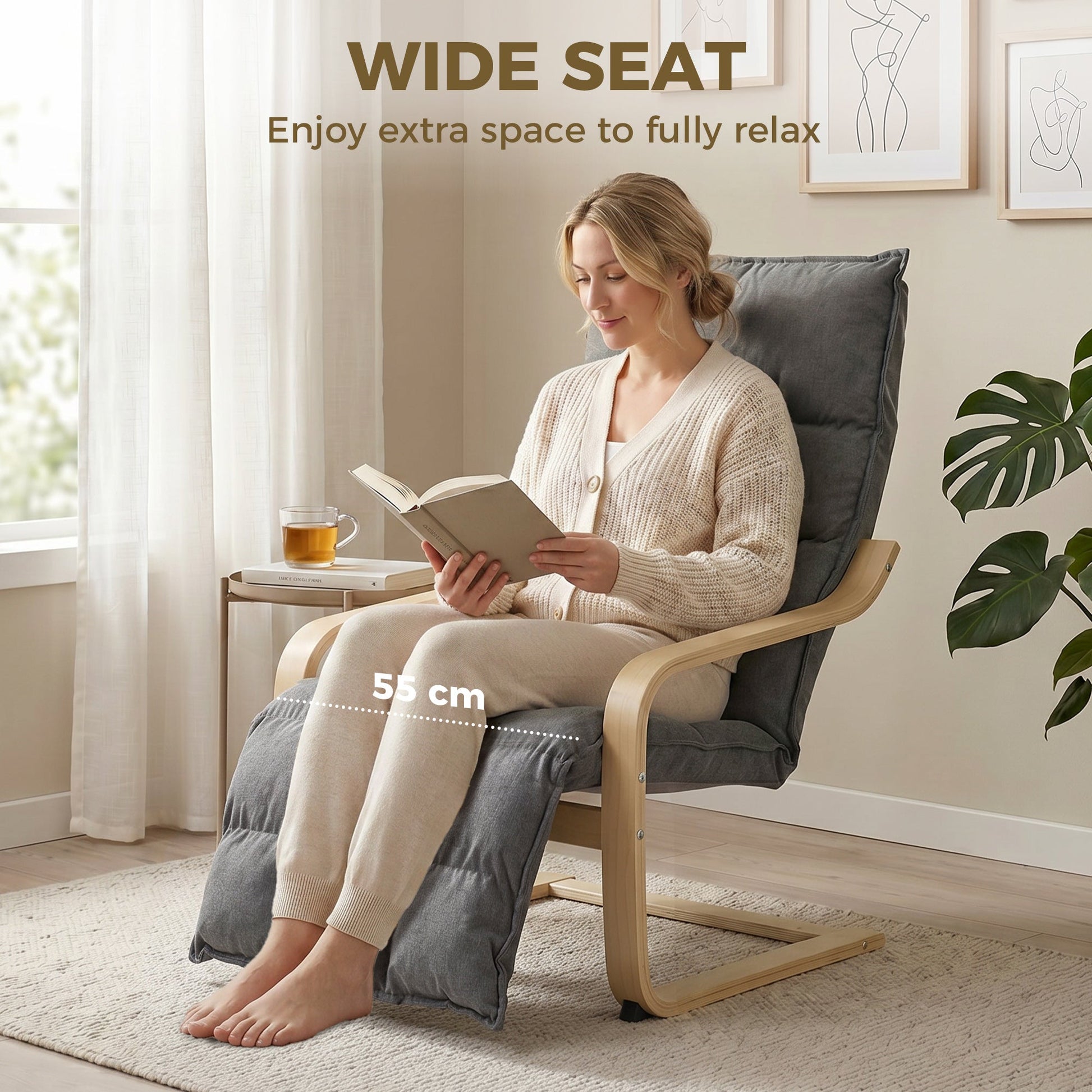 Accent Chair, Linen-Look Fabric Armchair with Footrest, Plush Cushion, High Back, Wide Seat, Curved Legs and Arms, Gentle Motion, Leisure Lounge Chair for Living Room, Bedroom, Grey
