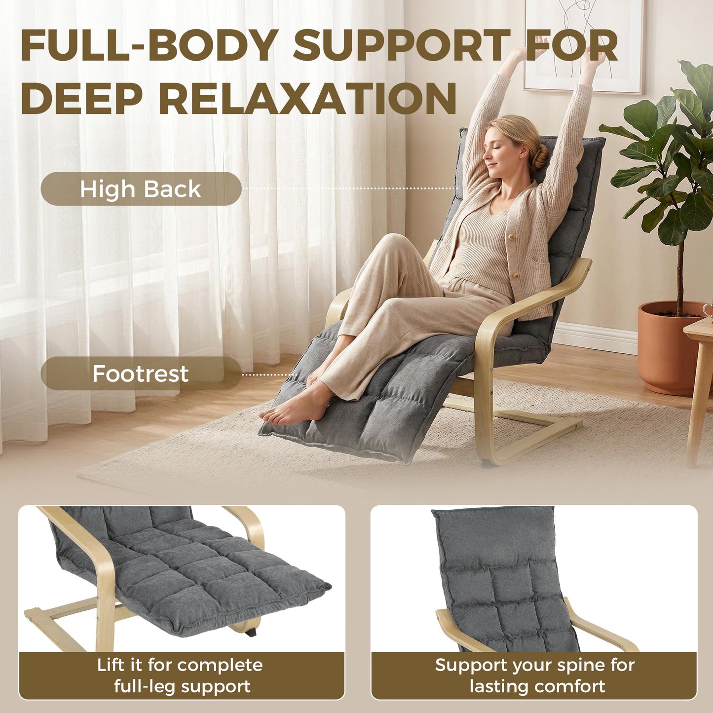 Accent Chair, Linen-Look Fabric Armchair with Footrest, Plush Cushion, High Back, Wide Seat, Curved Legs and Arms, Gentle Motion, Leisure Lounge Chair for Living Room, Bedroom, Grey