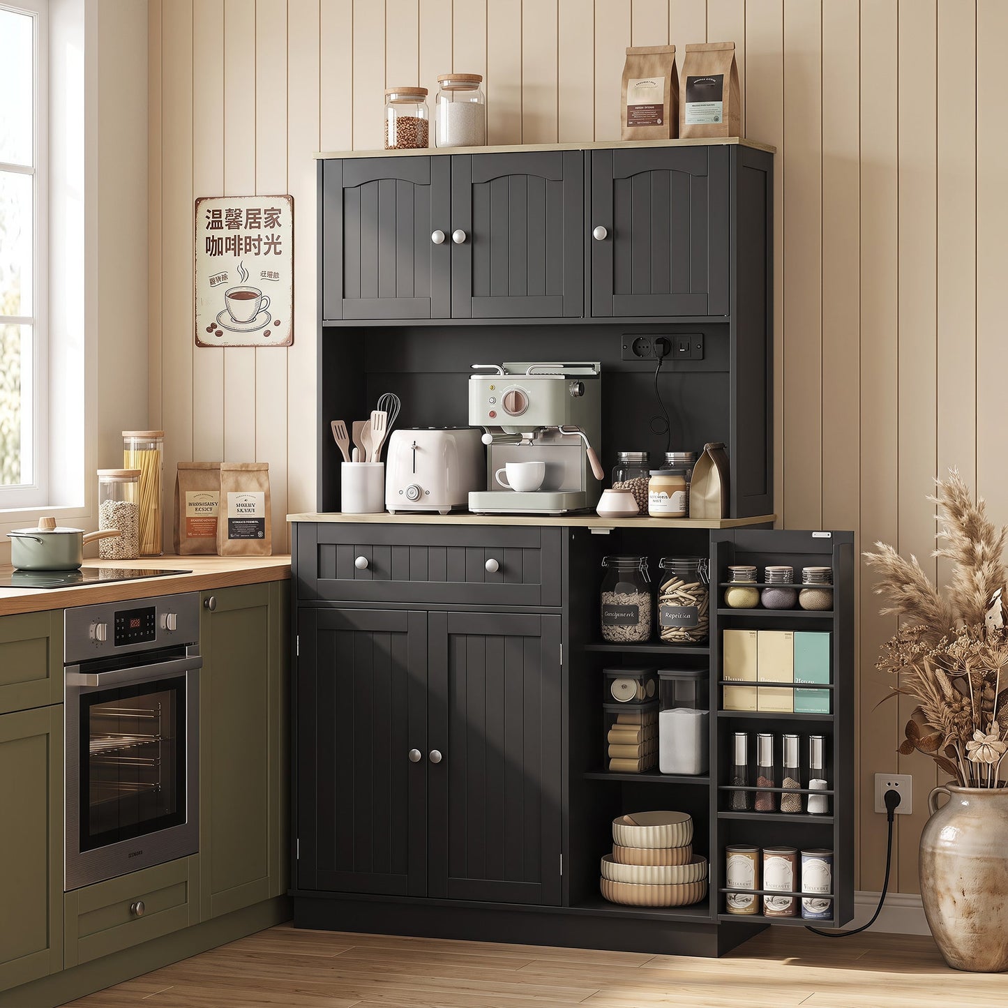 173 cm Tall Kitchen Cupboard with Charging Station, Pantry Storage Cabinet with Microwave Stand, Adjustable Shelves, 4 Door Racks, Farmhouse Kitchen Cabinet for Dining Room, Black