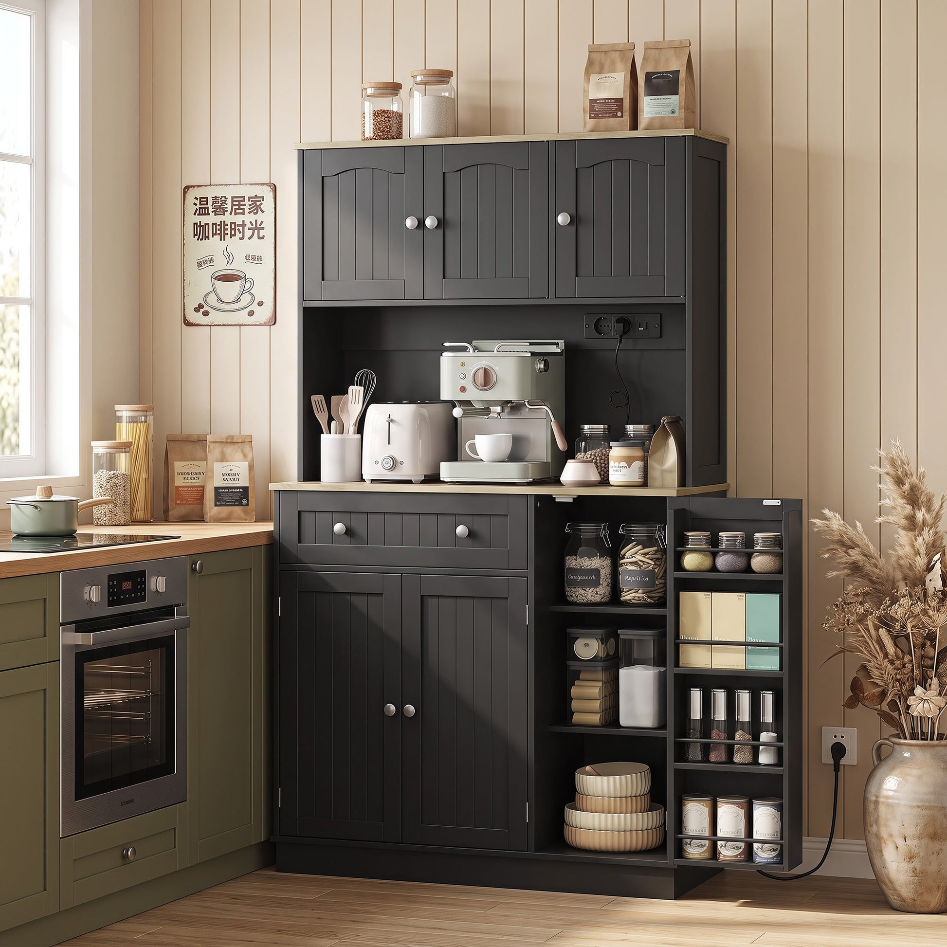 173 cm Tall Kitchen Cupboard with Charging Station, Pantry Storage Cabinet with Microwave Stand, Adjustable Shelves, 4 Door Racks, Farmhouse Kitchen Cabinet for Dining Room, Black