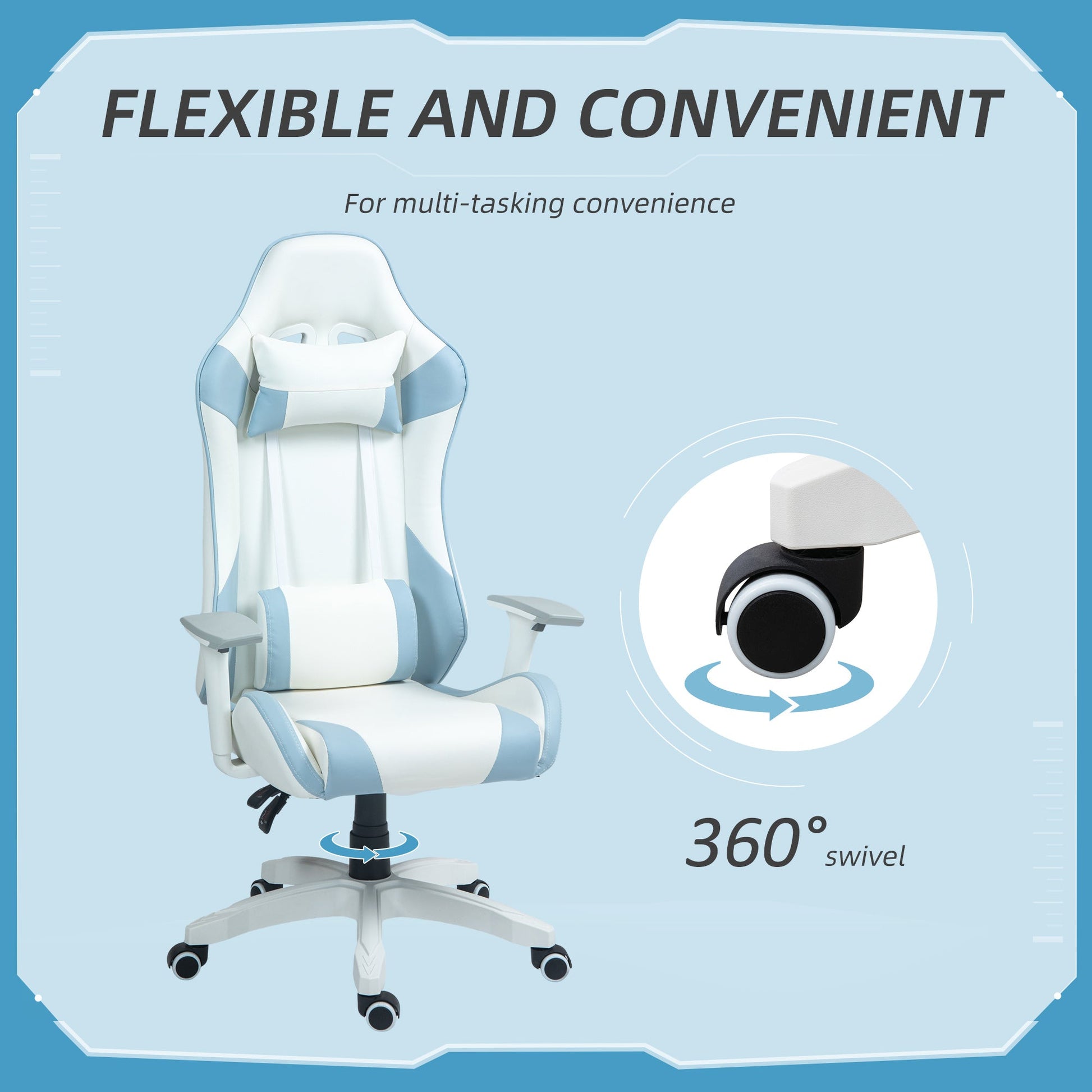 HOMCOM Gaming Chair, Racing Gamer Chair, Reclining Faux Leather Computer Chair with Headrest, Lumber Support, 3D Armrests, Adjustable Height, Swivel Wheels for Home Office, Light Blue