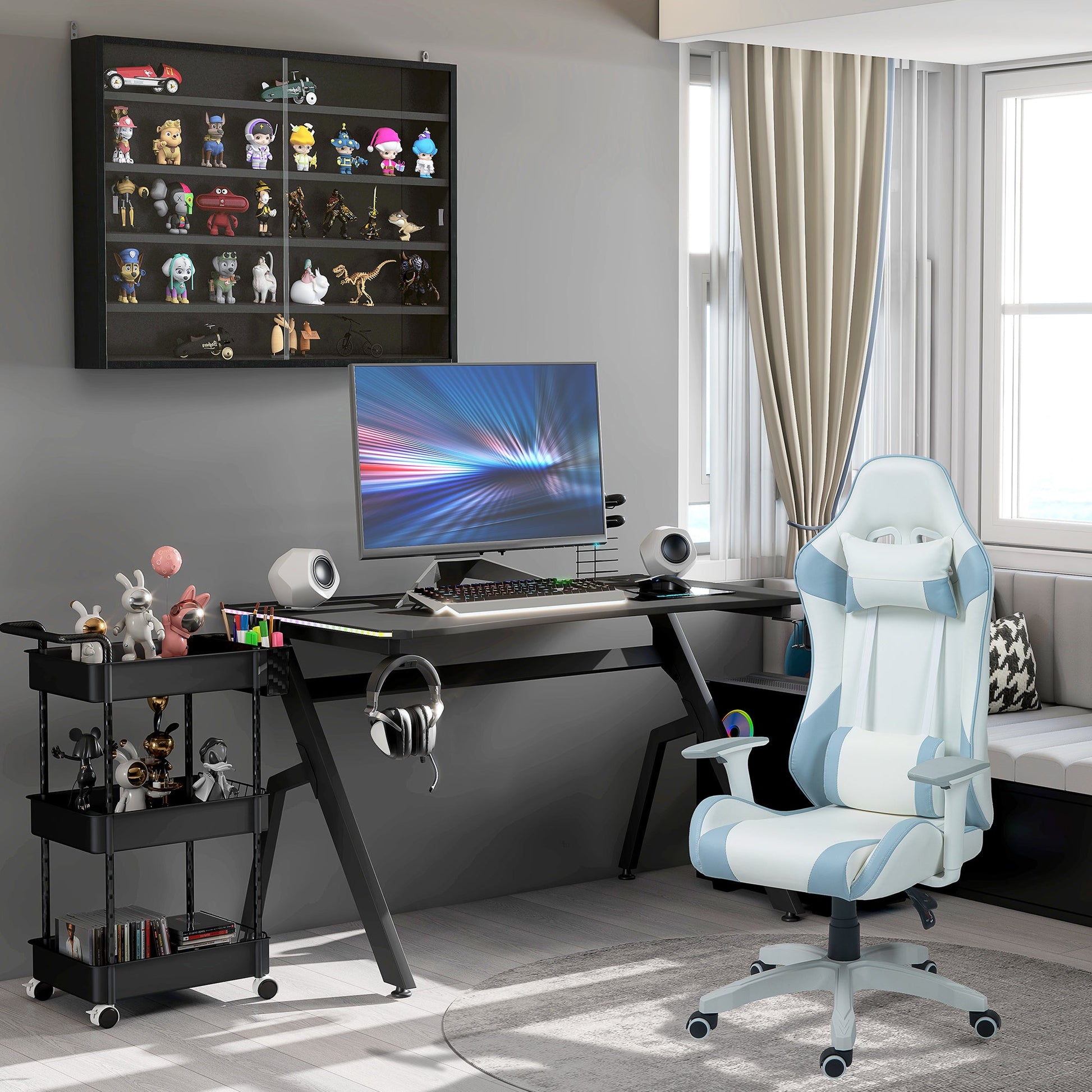HOMCOM Gaming Chair, Racing Gamer Chair, Reclining Faux Leather Computer Chair with Headrest, Lumber Support, 3D Armrests, Adjustable Height, Swivel Wheels for Home Office, Light Blue