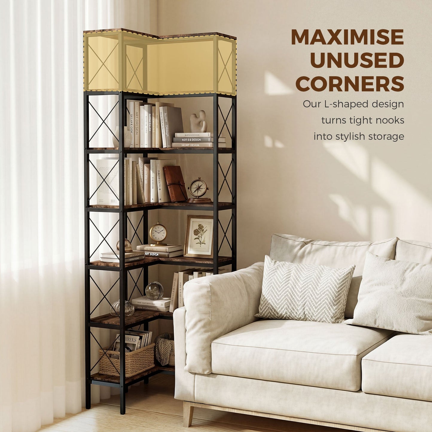 6-Tier Corner Bookshelf, L-Shaped Bookcase, Freestanding Display Shelf with Metal Frame for Living Room, Home Office, Bedroom, 60 x 60 x 200 cm, Rustic Brown