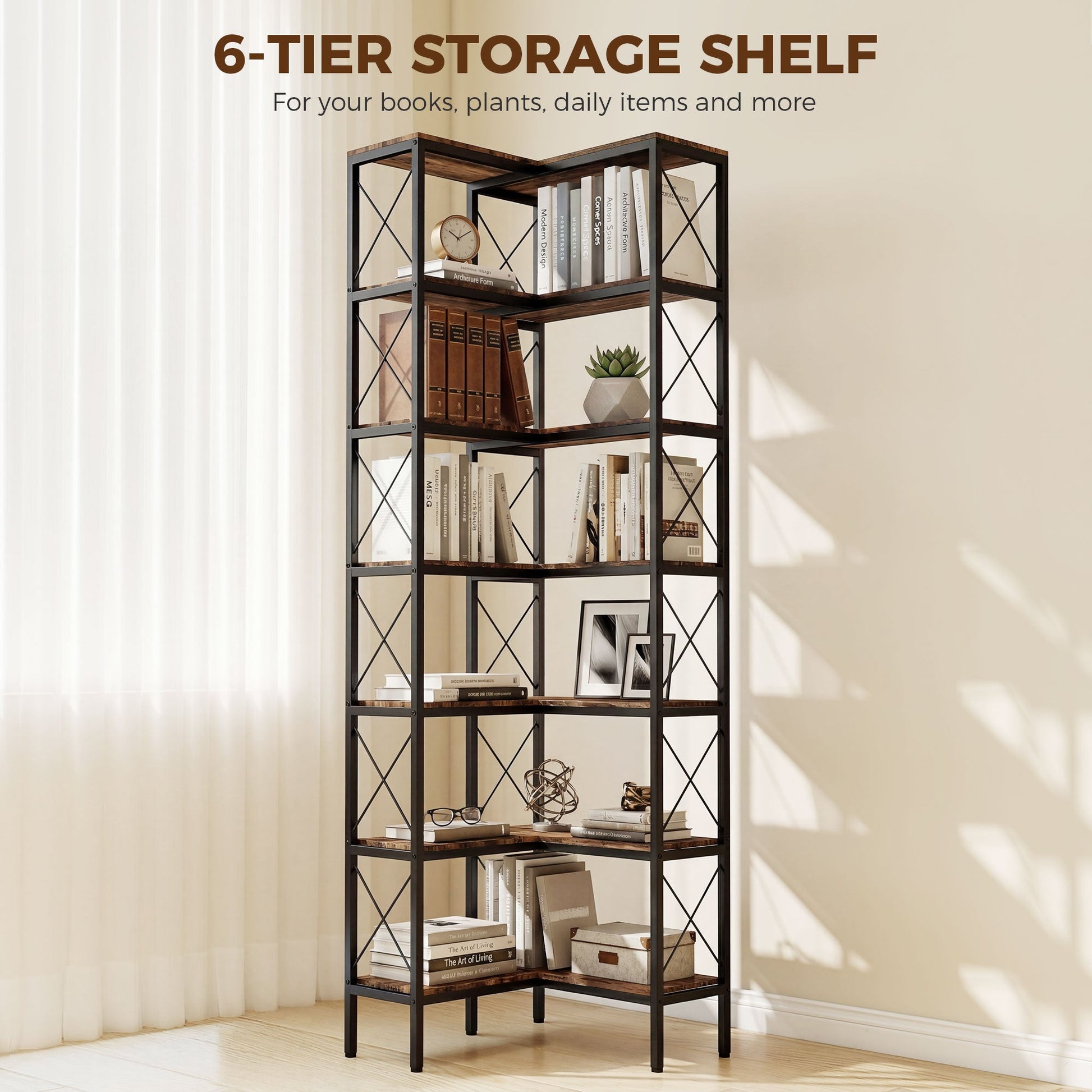 6-Tier Corner Bookshelf, L-Shaped Bookcase, Freestanding Display Shelf with Metal Frame for Living Room, Home Office, Bedroom, 60 x 60 x 200 cm, Rustic Brown