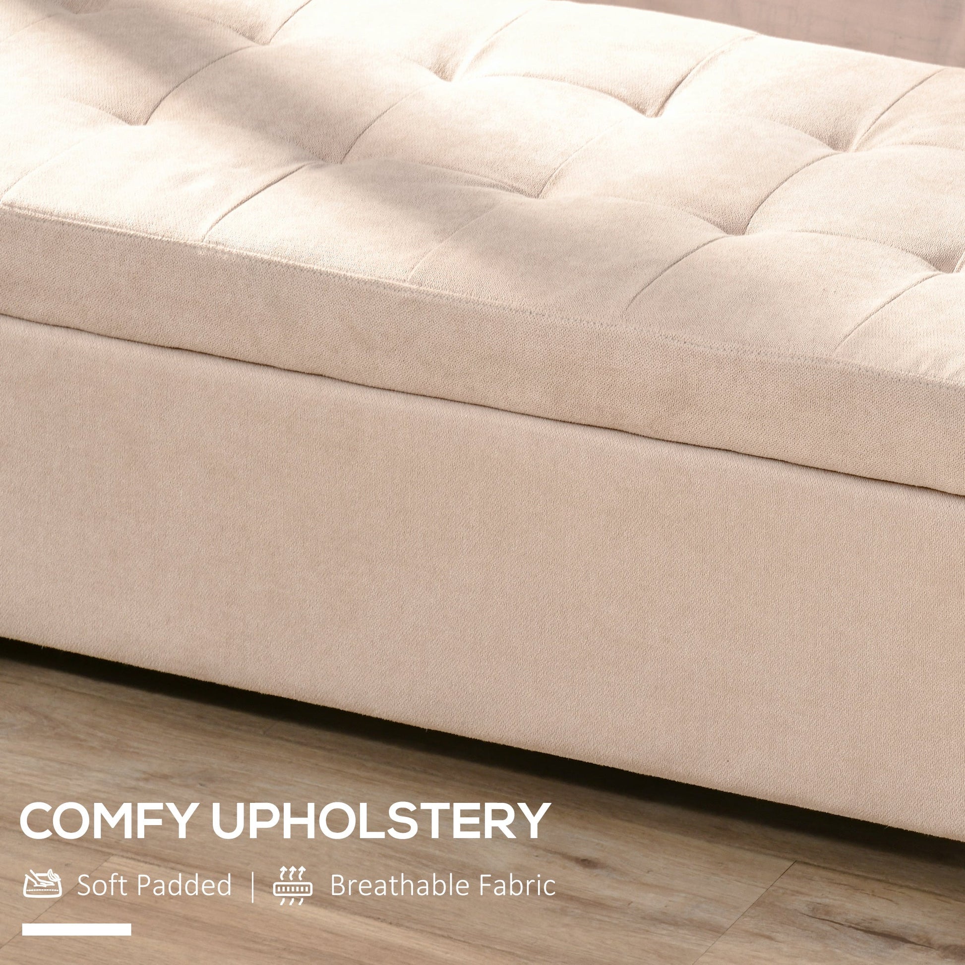 HOMCOM Linen Storage Ottoman, End of Bed Bench, Padded Footrest Seat with Tufting Design, Hinged Lid and Wood Frame 125L x 49W x 41.5H cm Beige