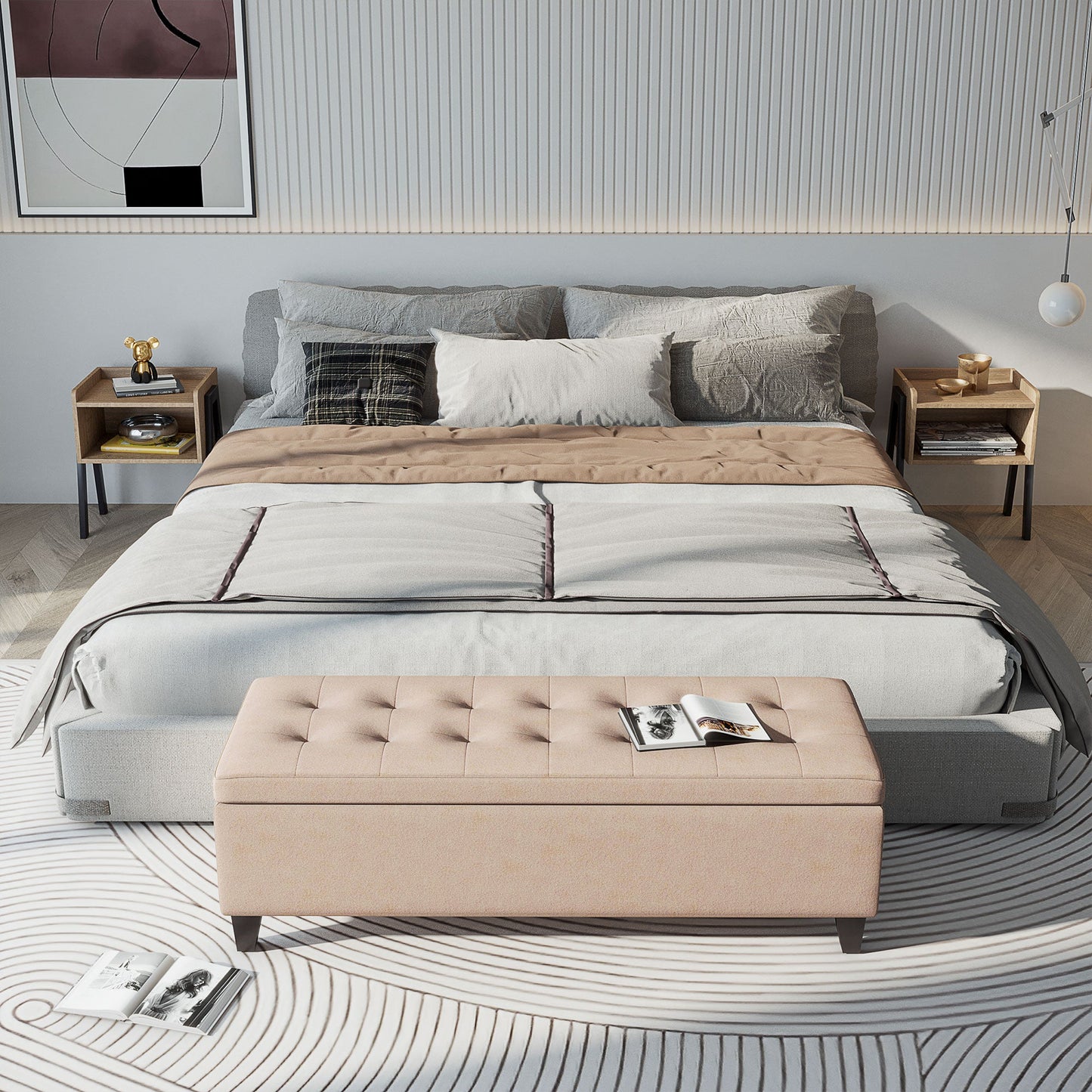 HOMCOM Linen Storage Ottoman, End of Bed Bench, Padded Footrest Seat with Tufting Design, Hinged Lid and Wood Frame 125L x 49W x 41.5H cm Beige