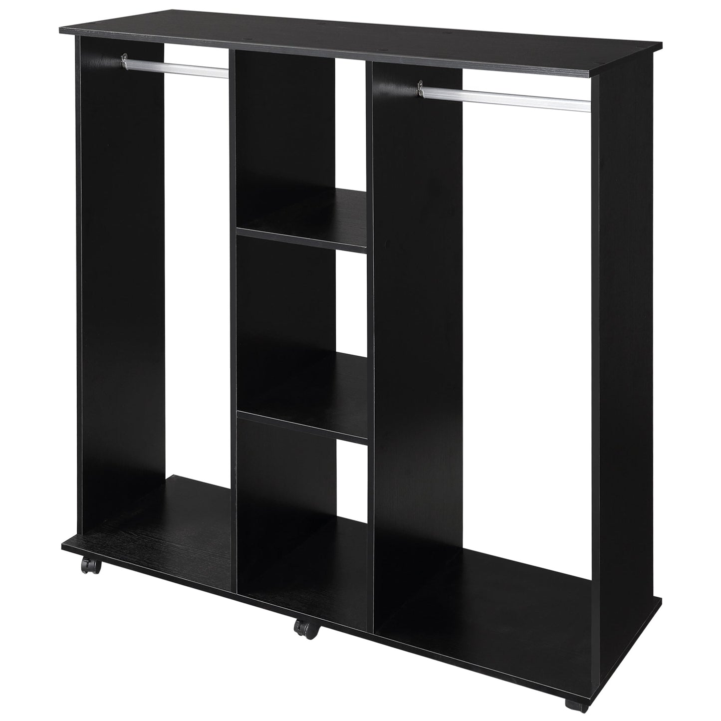HOMCOM Double Open Wardrobe on Wheels, Bedroom Wardrobe with Clothes Hanging Rails, 3 Storage Shelves, Mobile Garment Rack for Cloakroom, Hallway, Black