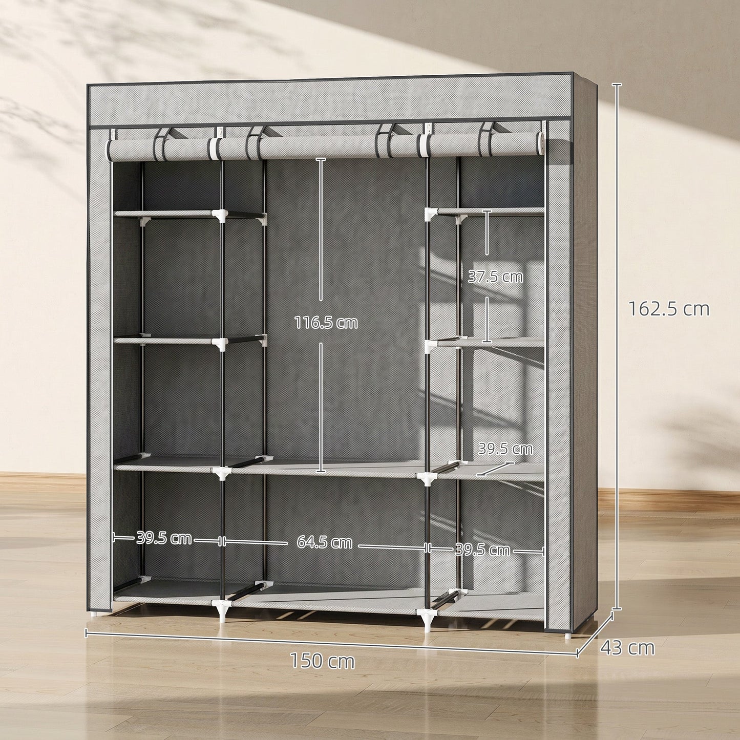 Portable Wardrobe, Foldable Fabric Wardrobe, 150 x 43 x 162.5cm, Clothes Storage Organiser with Hanging Rail, Shelves, Fabric Cover for Bedroom, Light Grey