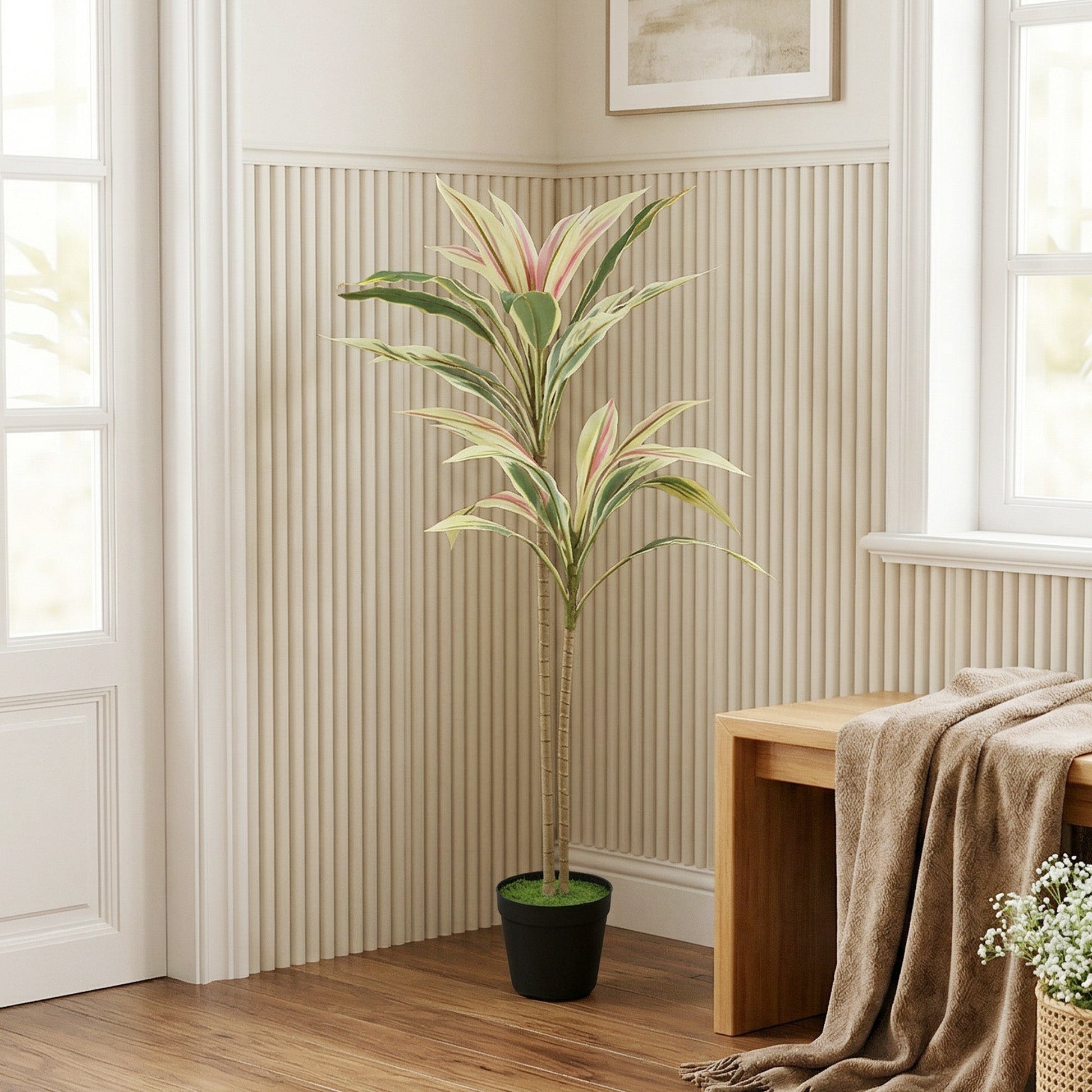 Artificial Cordyline Tree, 90 cm Fake Cordyline Tree with 29 Leaves, Realistic PEVA Faux Plant in Moss Effect Pot for Home Indoor Outdoor Decor, Yellow