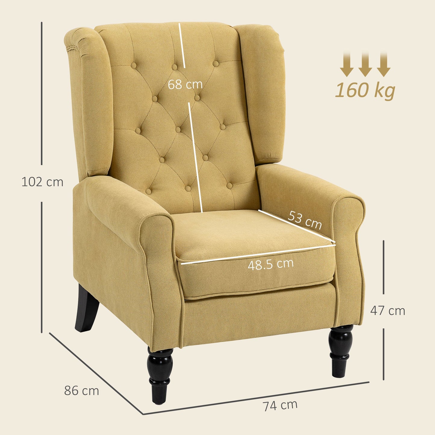 Retro Accent Chair, Snow Flannel Wingback Armchair with Wood Frame Button Tufted Design for Living Room Bedroom, Yellow