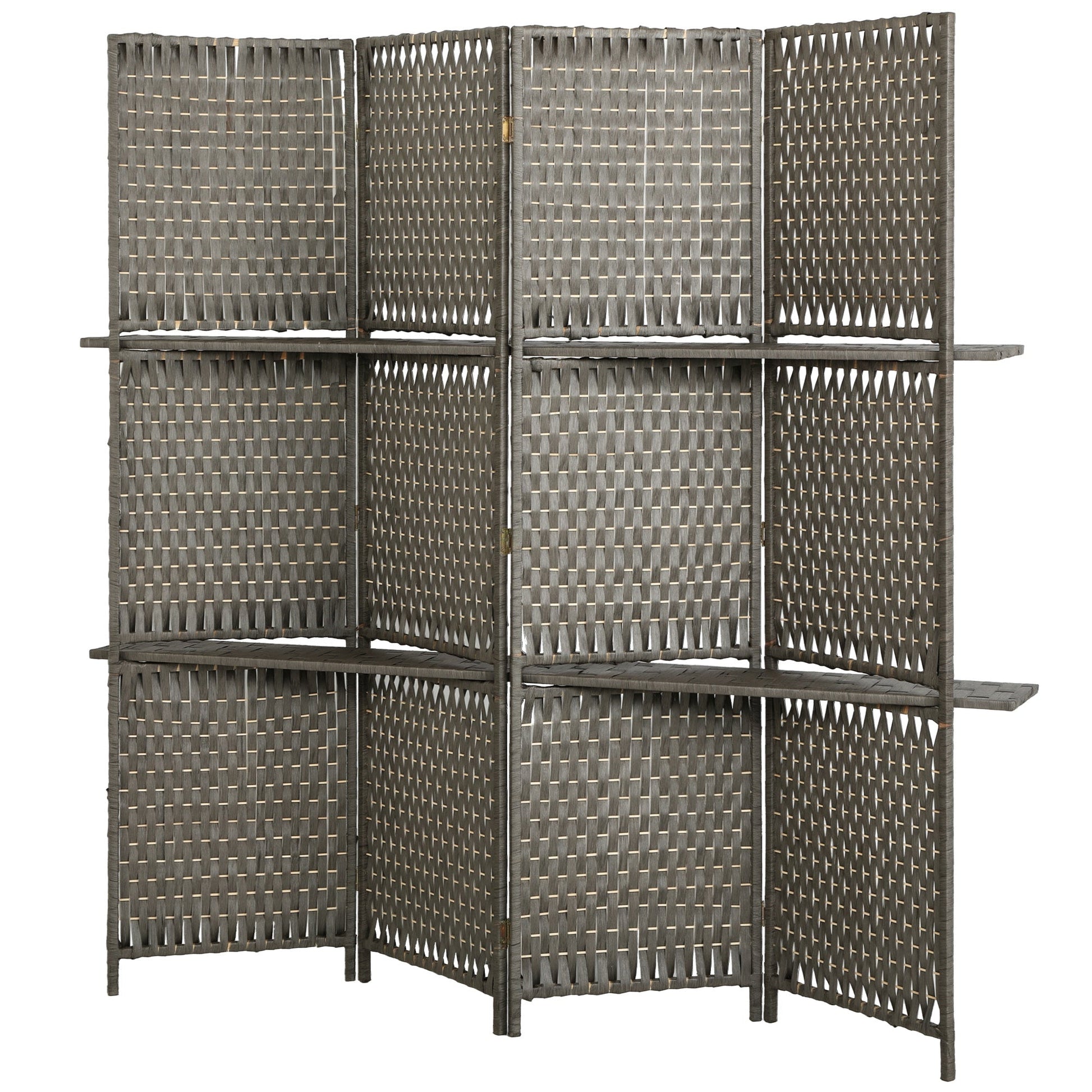 4-Panel Room Divider with Shelves, Wave Fibre Freestanding Folding Privacy Screen Panels, Partition Wall Divider for Indoor Bedroom Office, 180 cm, Grey