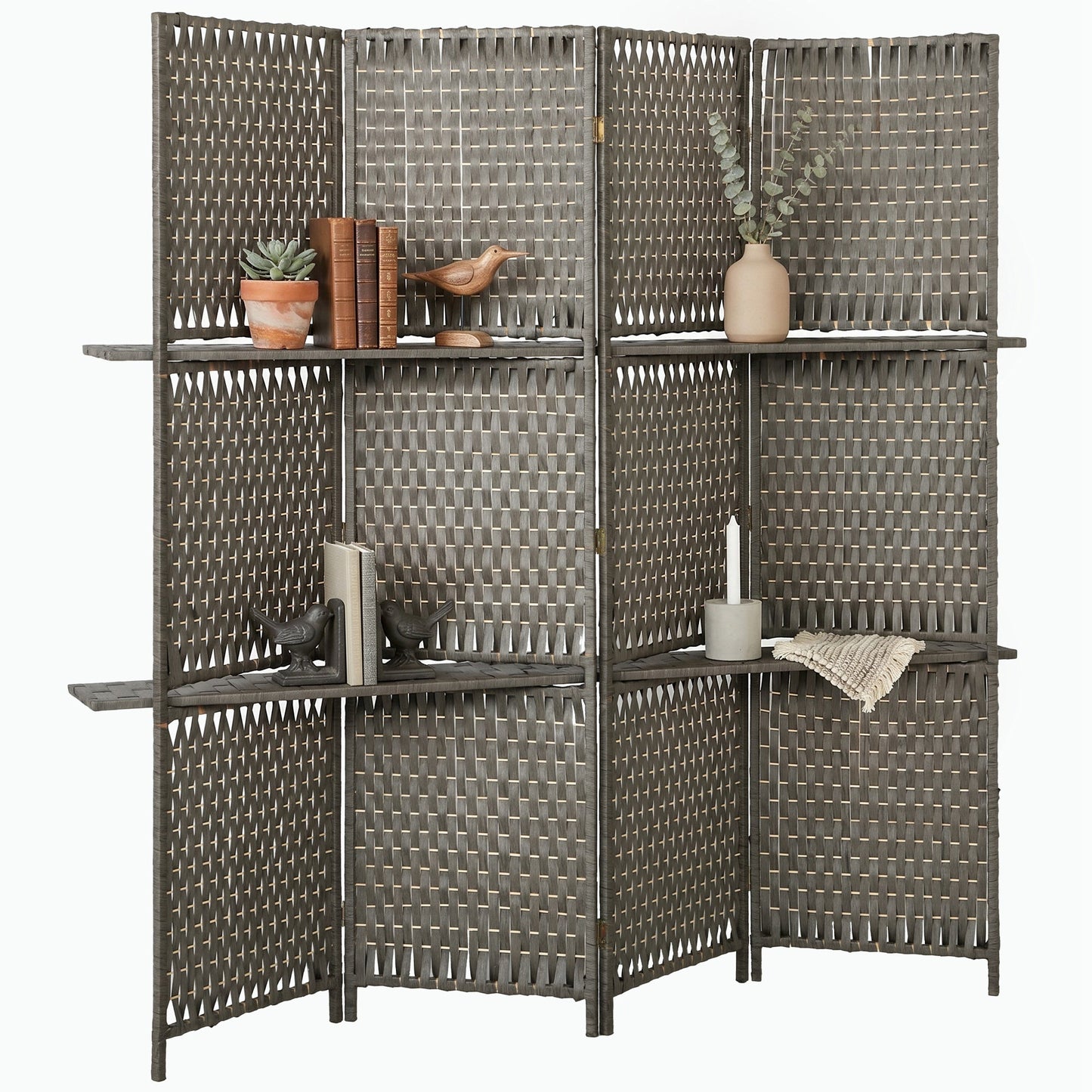 4-Panel Room Divider with Shelves, Wave Fibre Freestanding Folding Privacy Screen Panels, Partition Wall Divider for Indoor Bedroom Office, 180 cm, Grey