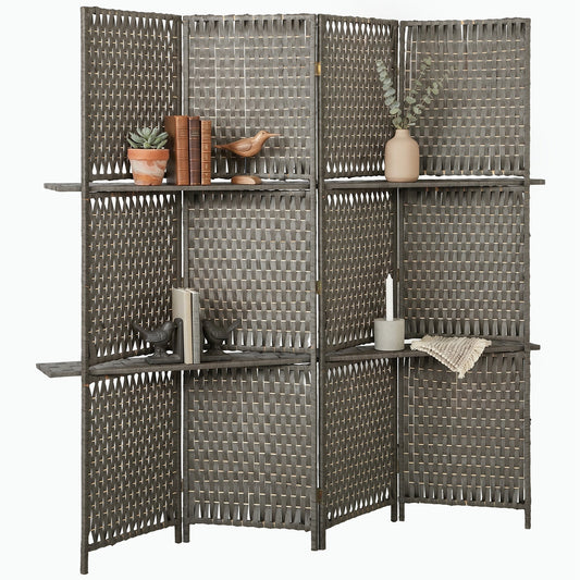 4-Panel Room Divider with Shelves, Wave Fibre Freestanding Folding Privacy Screen Panels, Partition Wall Divider for Indoor Bedroom Office, 180 cm, Grey