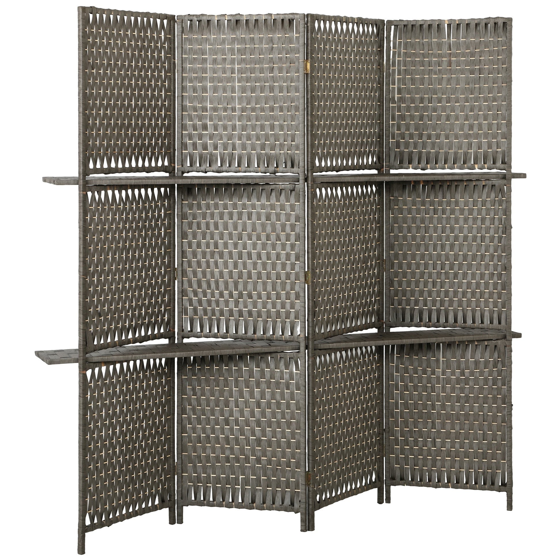4-Panel Room Divider with Shelves, Wave Fibre Freestanding Folding Privacy Screen Panels, Partition Wall Divider for Indoor Bedroom Office, 180 cm, Grey