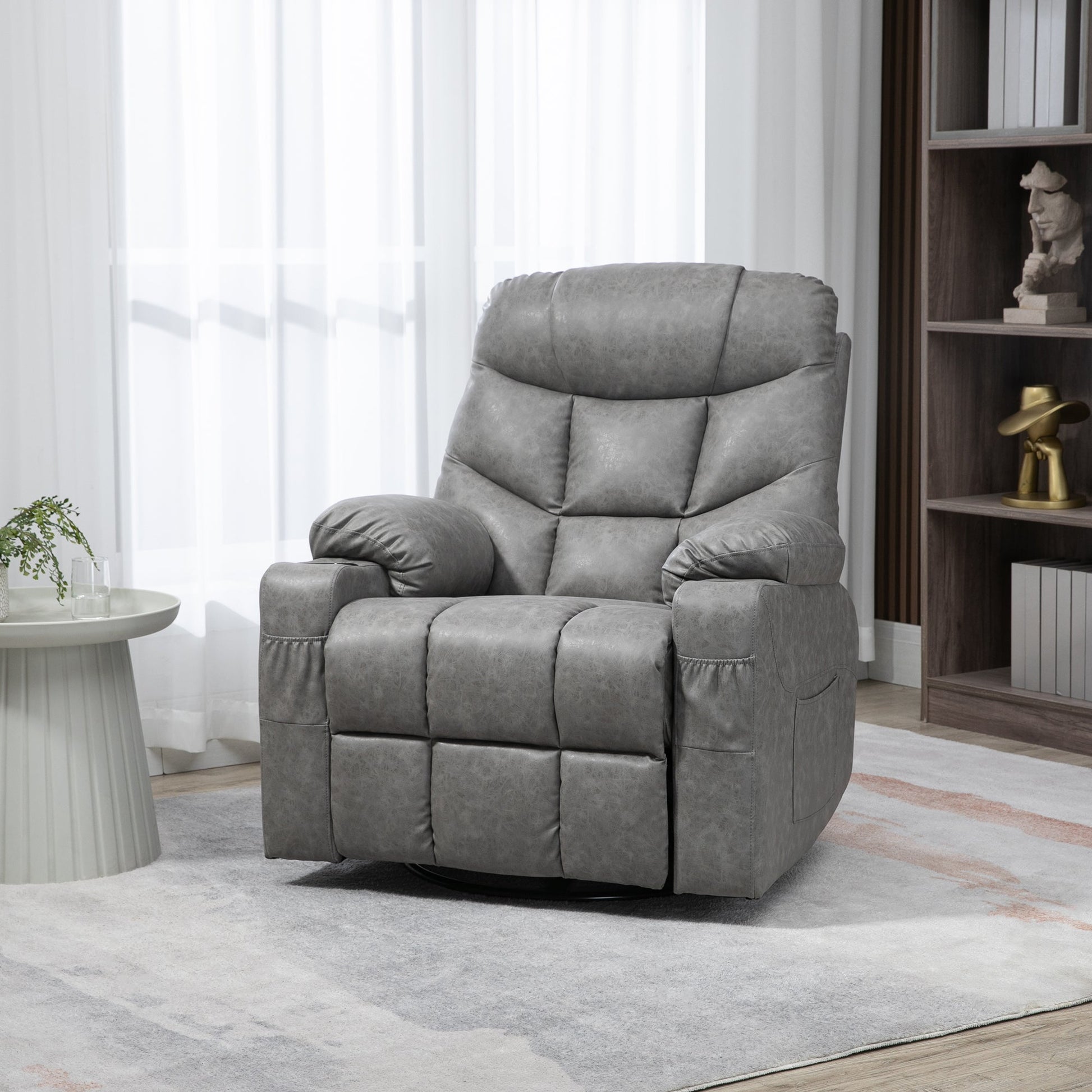 HOMCOM Recliner Armchair, Swivel PU Leather Manual Reclining Chair with Adjustable Leg Rest, Drink Holders, Side Pockets, Rocker Chair for Home Living Room, Light Grey