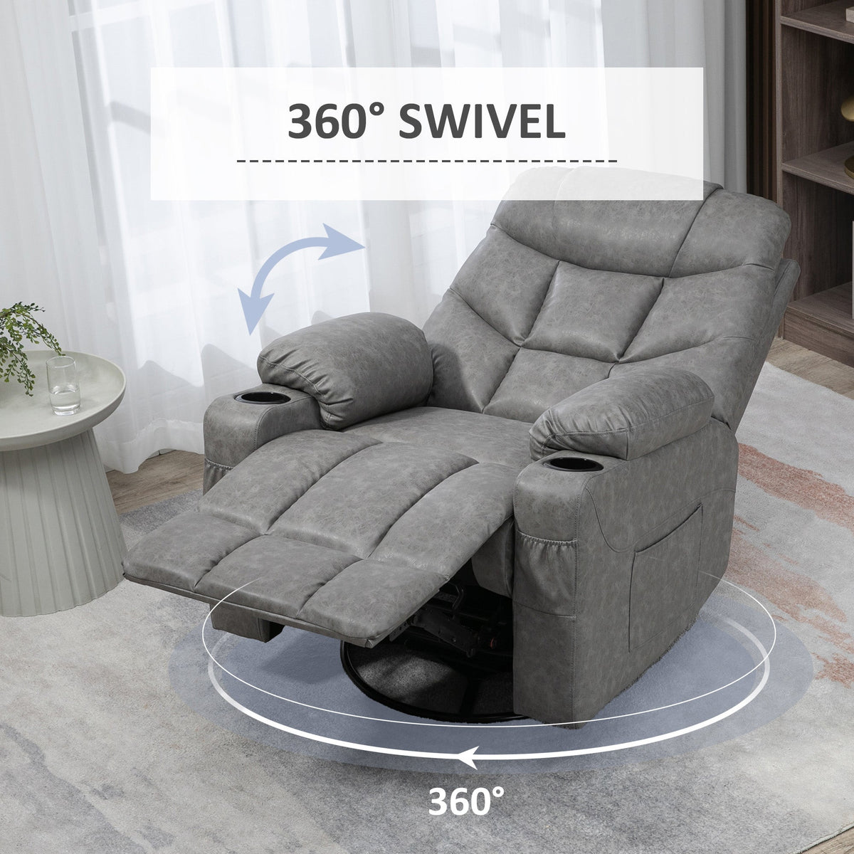 HOMCOM Recliner Armchair, Swivel PU Leather Manual Reclining Chair with Adjustable Leg Rest, Drink Holders, Side Pockets, Rocker Chair for Home Living Room, Light Grey
