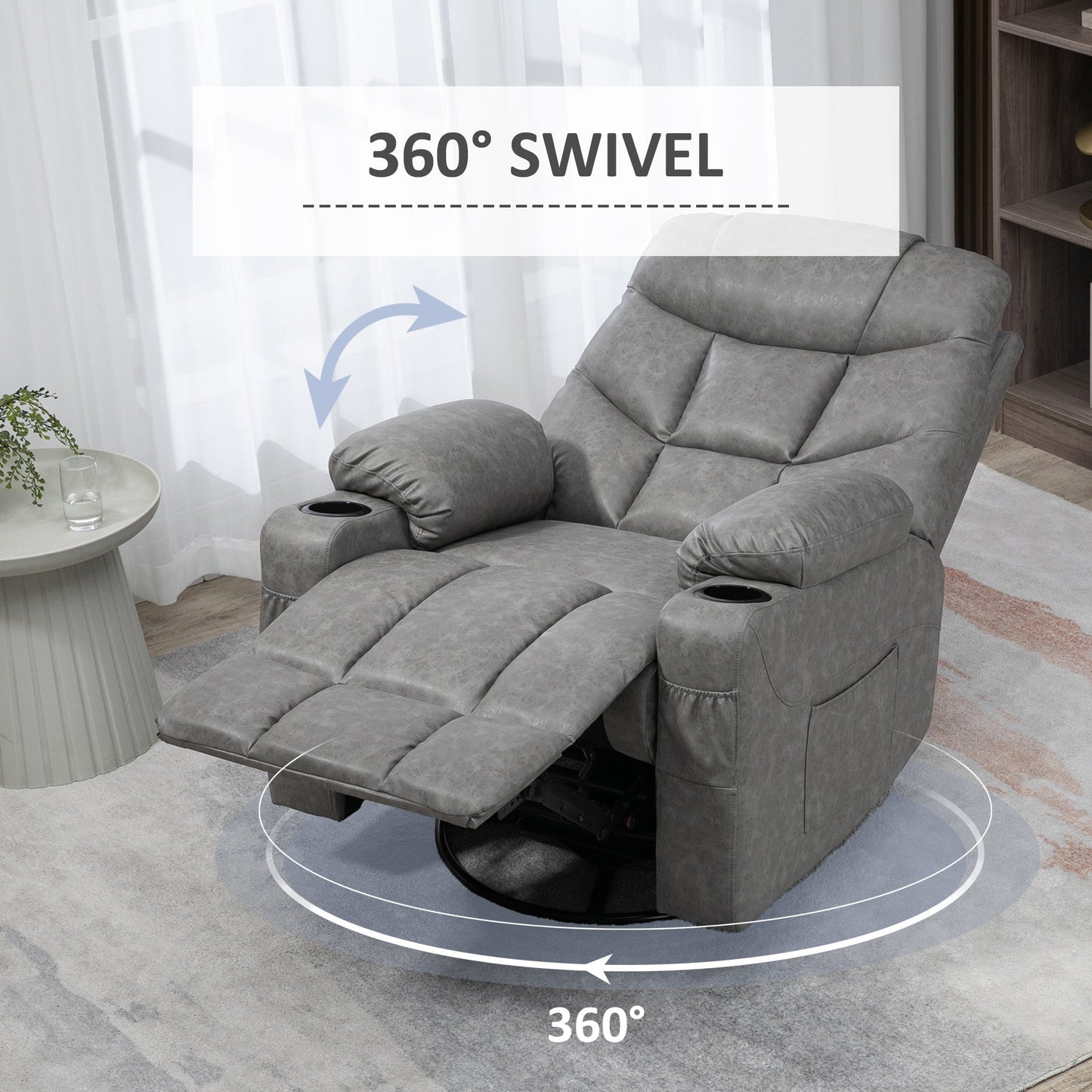 HOMCOM Recliner Armchair, Swivel PU Leather Manual Reclining Chair with Adjustable Leg Rest, Drink Holders, Side Pockets, Rocker Chair for Home Living Room, Light Grey