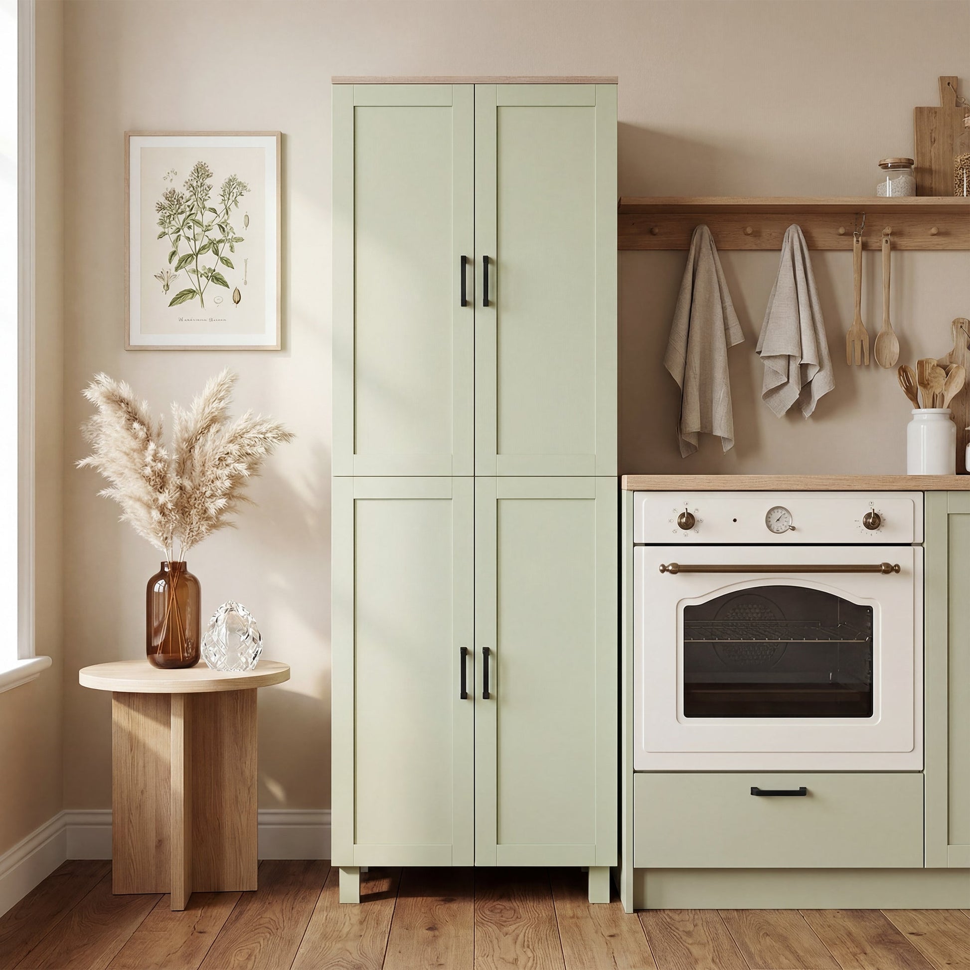 Freestanding Kitchen Cupboard, 4-Door Storage Cabinet with Adjustable Shelves, Modern Kitchen Pantry for Dining Room, 170cm, Green