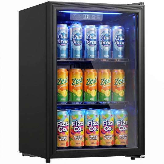 70L Drinks Fridge, 70 Can Under Counter Freestanding Beer Fridge with Double-Layer Glass Door, Wine Cooler with LED Light, Adjustable Shelves, Beverage Cooler for Soda Beer, Home Office