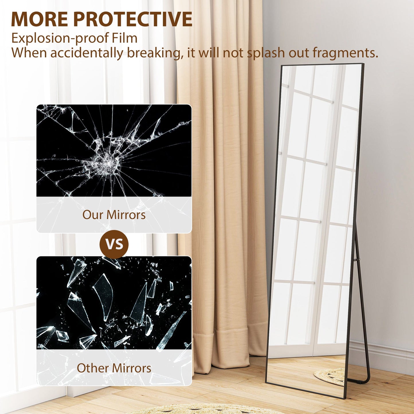 50 x 161.5cm Full Length Mirror, Aluminium Alloy Framed Rectangular Full Body Mirror with Tempered Glass, Floor Standing or Wall Hanging for Bedroom, Living Room, Cloakroom, Black