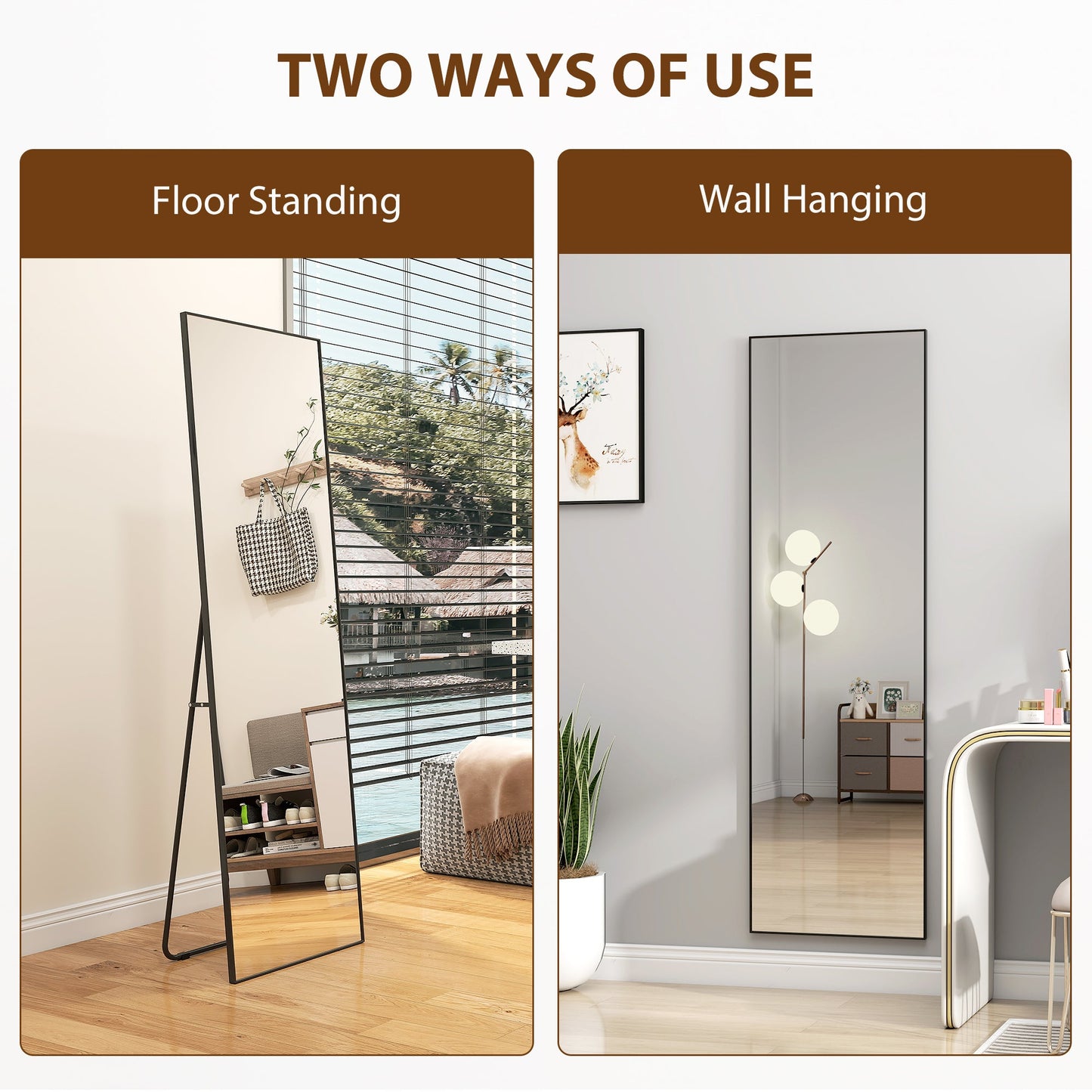 50 x 161.5cm Full Length Mirror, Aluminium Alloy Framed Rectangular Full Body Mirror with Tempered Glass, Floor Standing or Wall Hanging for Bedroom, Living Room, Cloakroom, Black