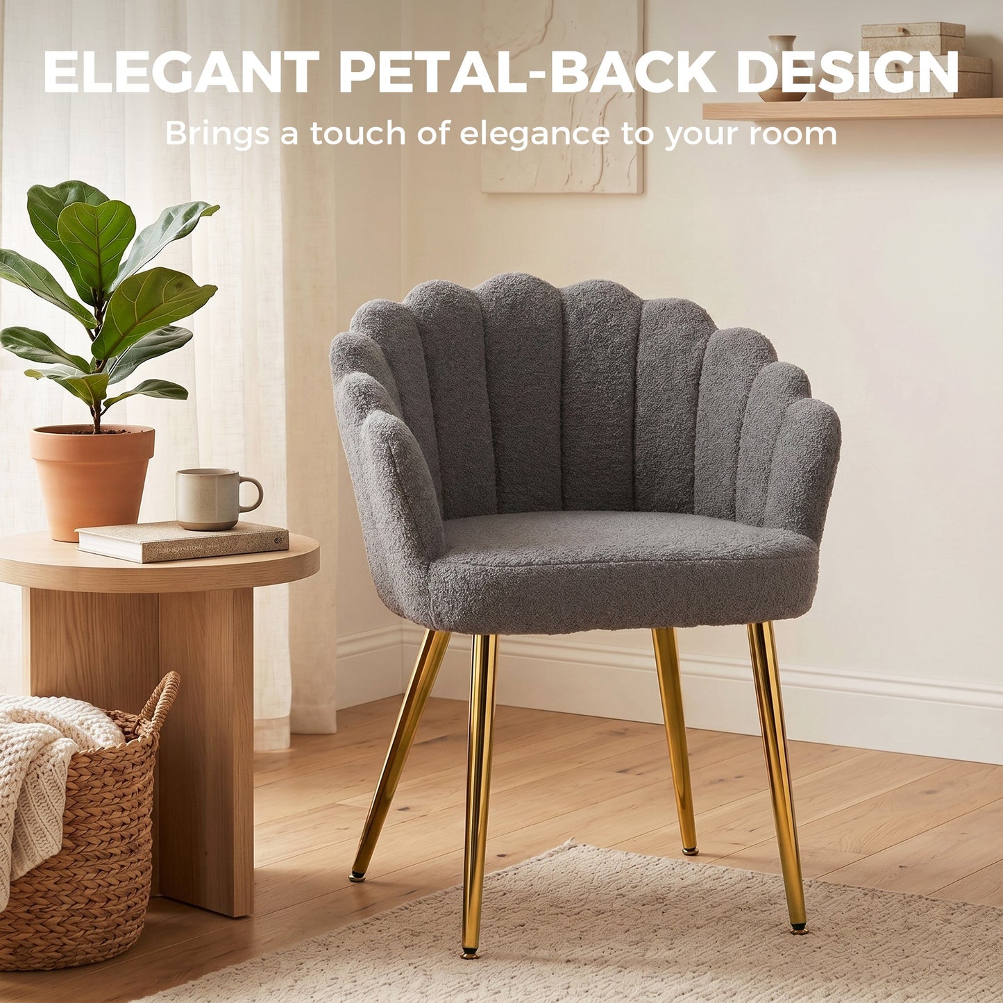 Petal-Back Lounge Chair, Faux Lamb's Wool Lounge Seat with Metal Legs and Adjustable Feet, Modern Armchair for Living Room, Bedroom, Balcony, Office, Grey
