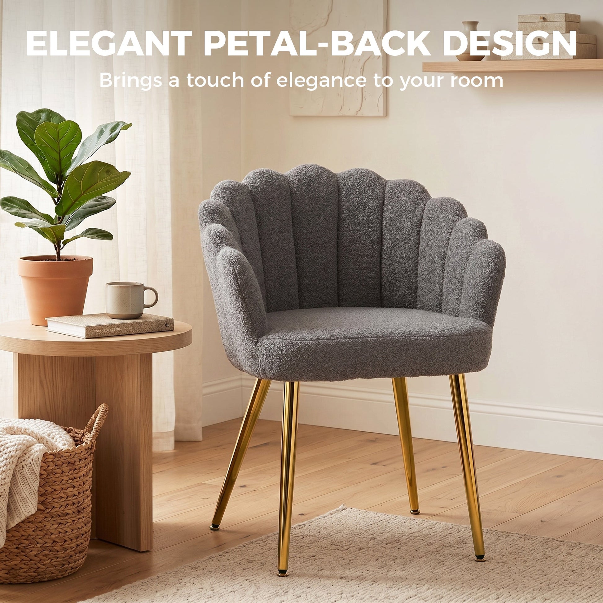 Petal-Back Lounge Chair, Faux Lamb's Wool Lounge Seat with Metal Legs and Adjustable Feet, Modern Armchair for Living Room, Bedroom, Balcony, Office, Grey