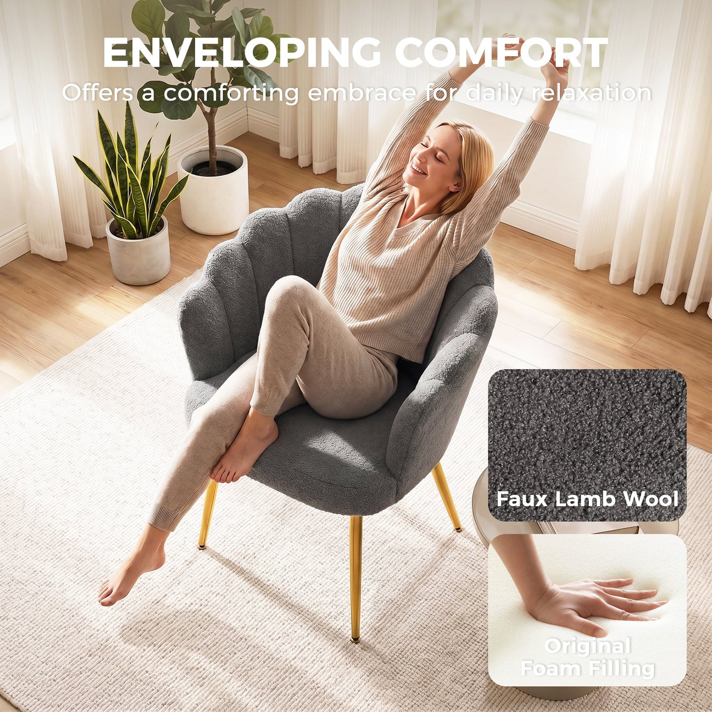 Petal-Back Lounge Chair, Faux Lamb's Wool Lounge Seat with Metal Legs and Adjustable Feet, Modern Armchair for Living Room, Bedroom, Balcony, Office, Grey