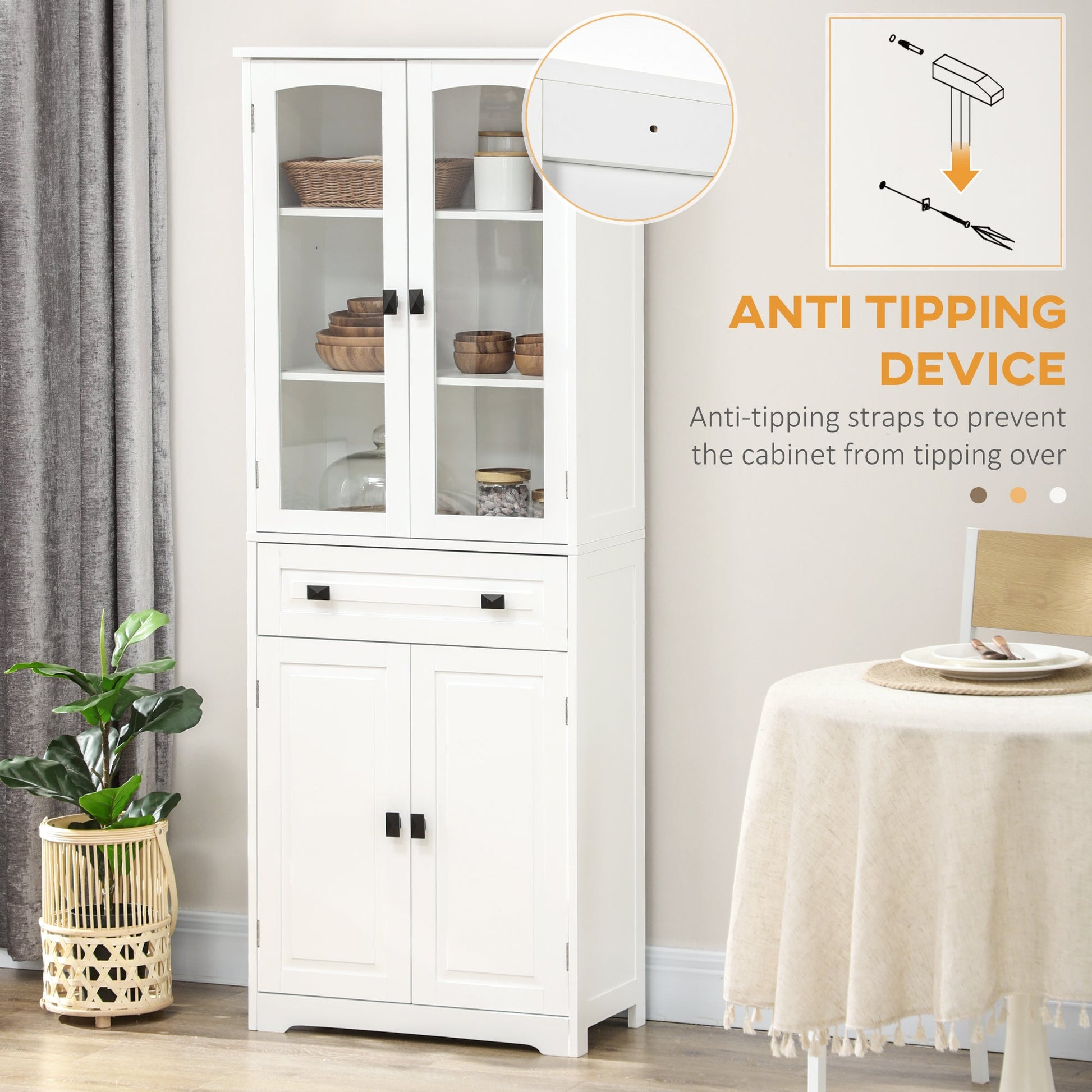 Kitchen Cupboard, Freestanding Storage Cabinet with 2 Adjustable Shelves, Drawer and Glass Door for Living Room, Dining Room, 160cm, White