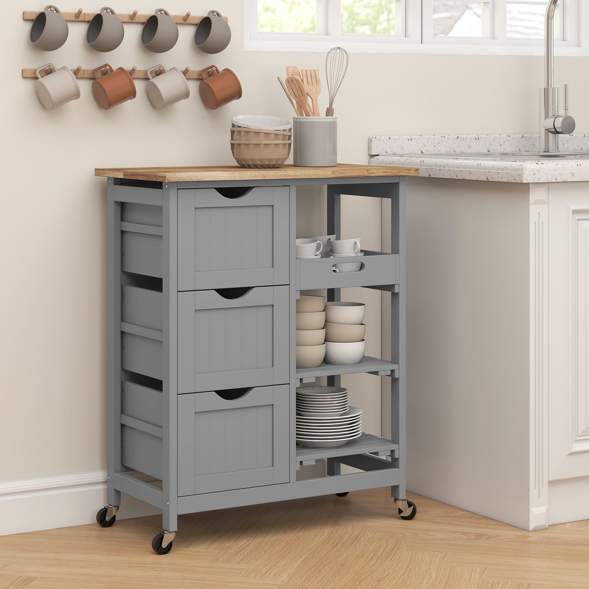 Rolling Kitchen Island Cart, Bar Serving Cart, Compact Trolley on Wheels with Wood Top, Shelves & Drawers for Home Dining Area, Grey