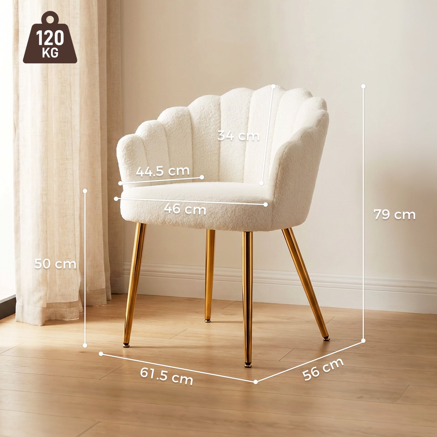 Petal-Back Lounge Chair, Faux Lamb's Wool Lounge Seat with Metal Legs and Adjustable Feet, Modern Armchair for Living Room, Bedroom, Balcony, Office, Cream