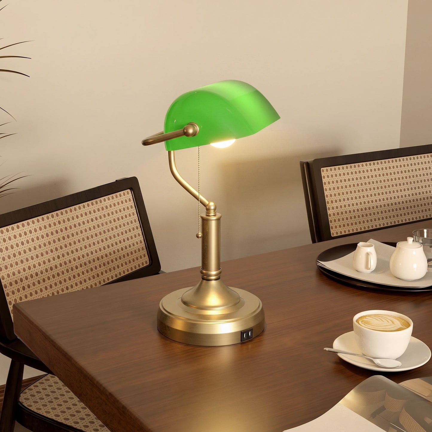 Banker's Table Lamp with Vintage Bronze Tone Base, Green Glass Shade, Pull Rope Switch, USB-A and USB-C Charging Ports for Home Office, Living Room, Bedroom, Dining Room