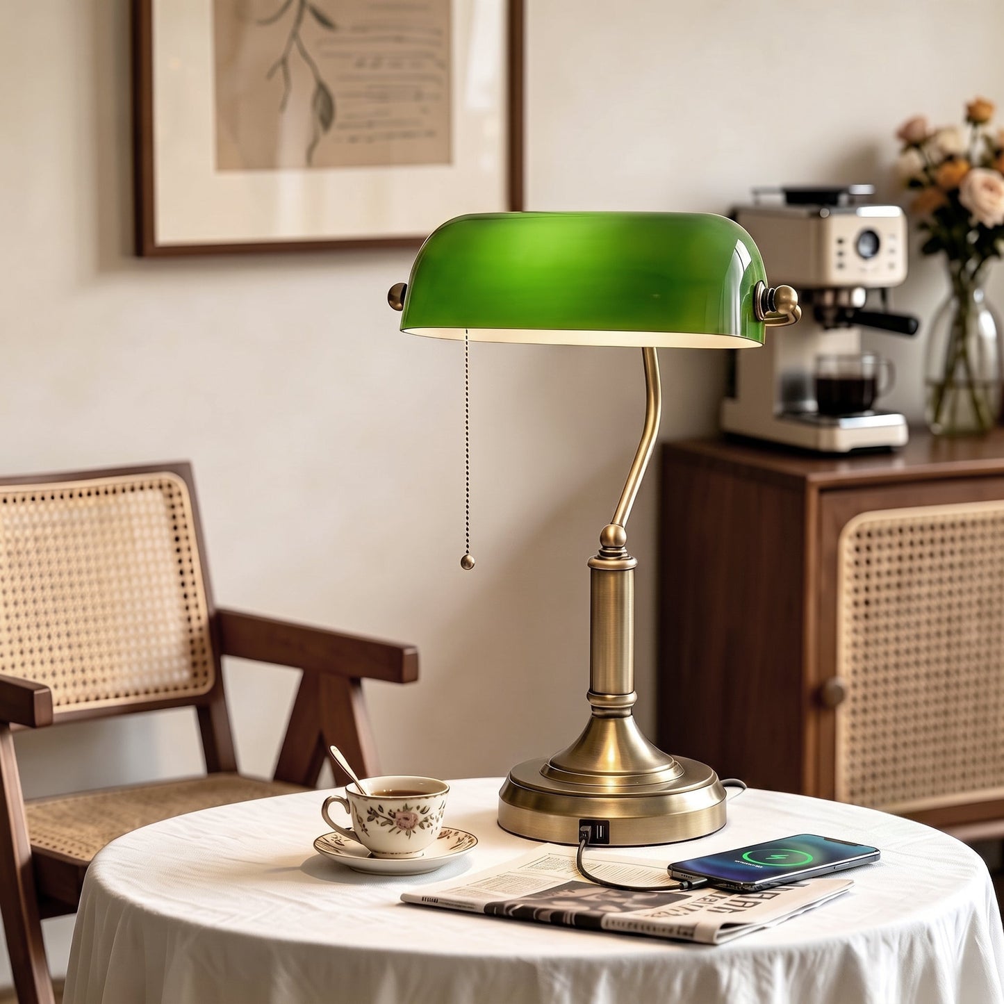 Banker's Table Lamp with Vintage Bronze Tone Base, Green Glass Shade, Pull Rope Switch, USB-A and USB-C Charging Ports for Home Office, Living Room, Bedroom, Dining Room
