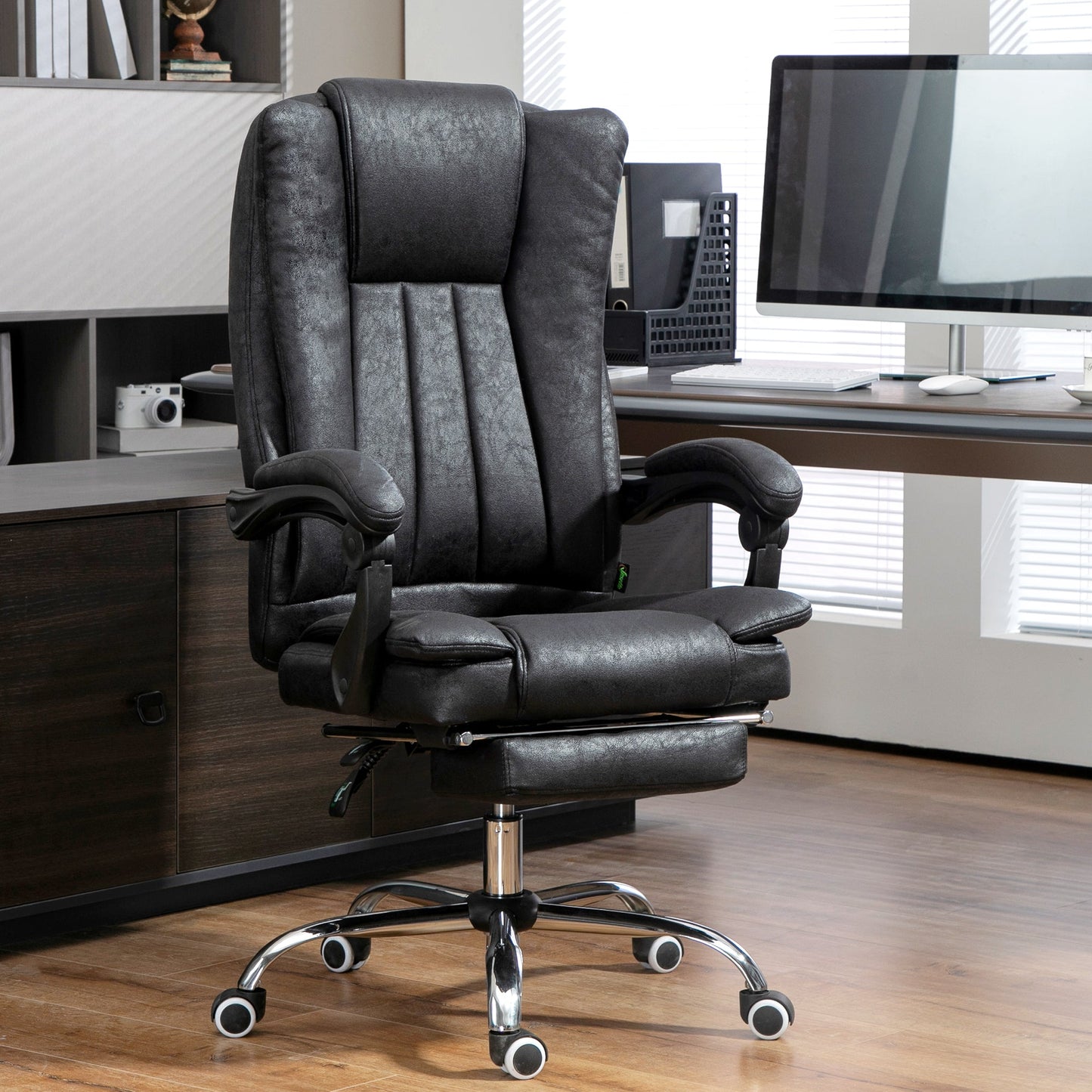 Vinsetto Office Chair, Microfibre Reclining Computer Desk Chair with Footrest and Adjustable Height, Swivel Wheels for Home Office, Black