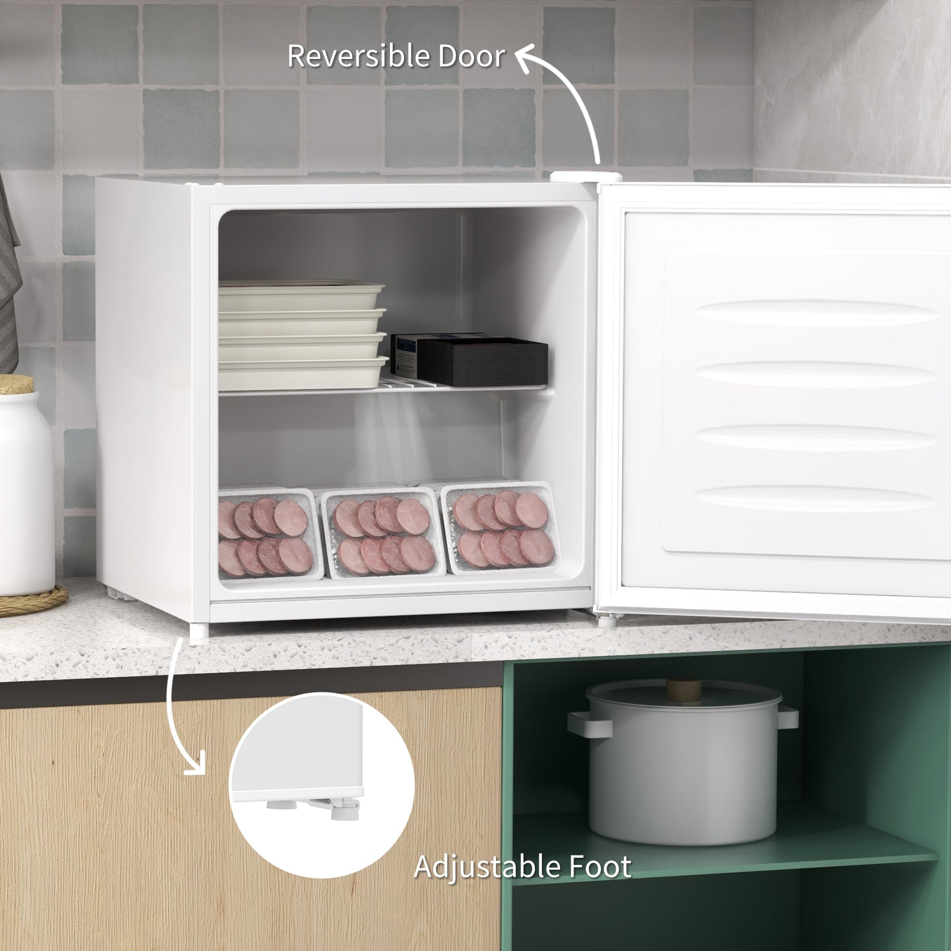 HOMCOM Tabletop Mini Freezer with 35 Litre Capacity, Small Freezer with Reversible Door, Adjustable Temperature and Removable Wire Shelf for Bedrooms, Home Office, White
