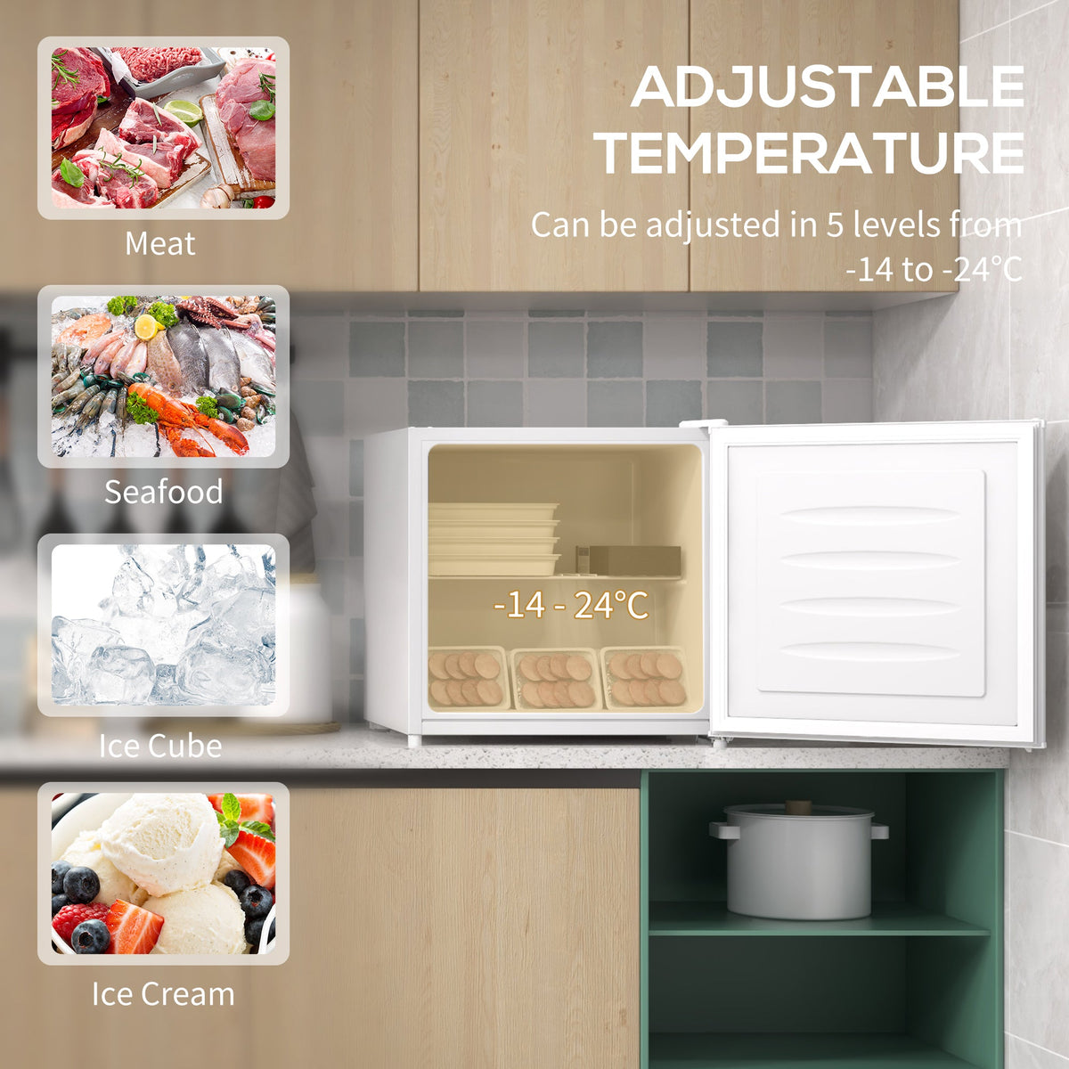 HOMCOM Tabletop Mini Freezer with 35 Litre Capacity, Small Freezer with Reversible Door, Adjustable Temperature and Removable Wire Shelf for Bedrooms, Home Office, White