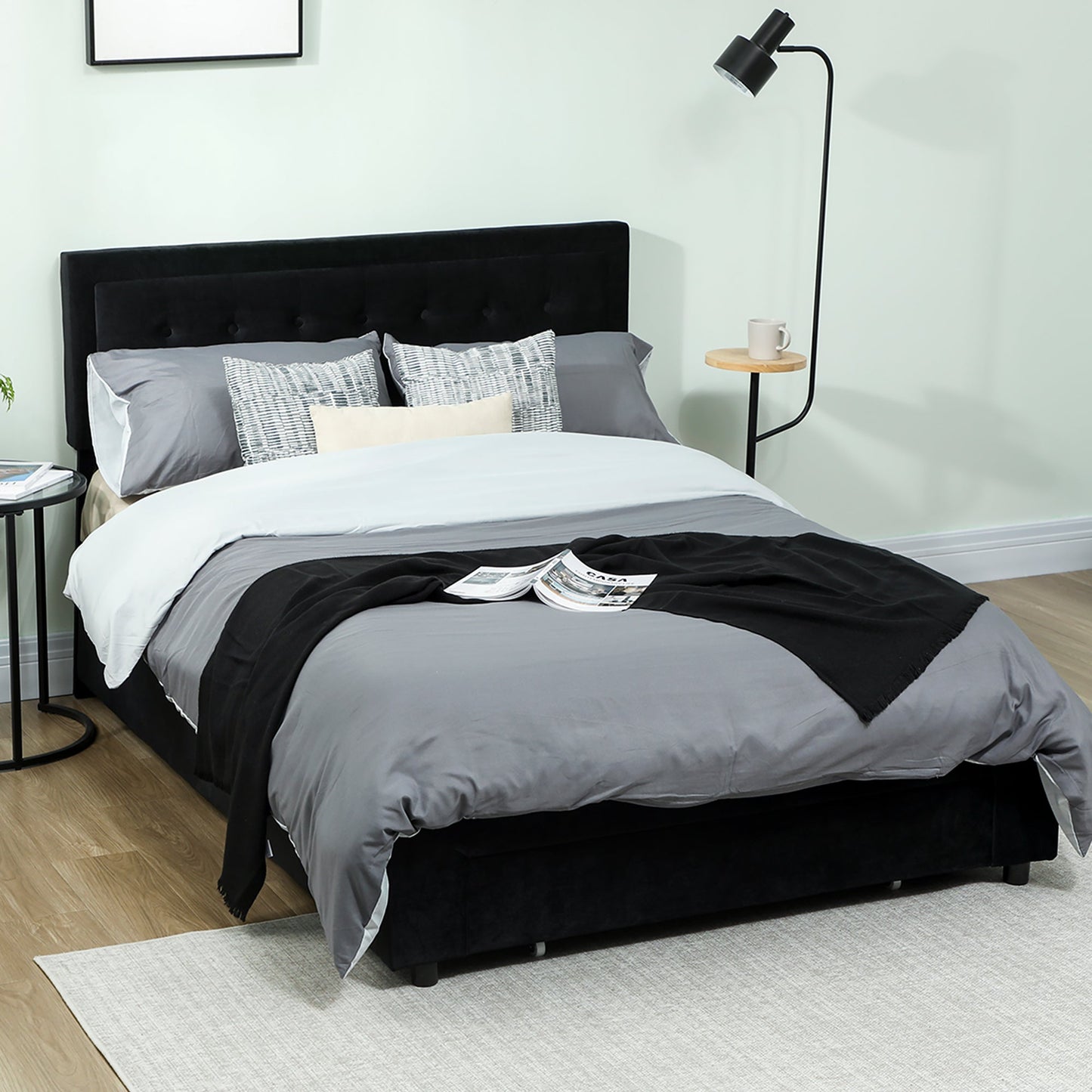 Upholstered Bed Frame with Storage Drawer and Adjustable Headboard, 5ft King Size Ottoman Bed with Gas Lift End Opening, Wooden Slats, No Mattress, Black