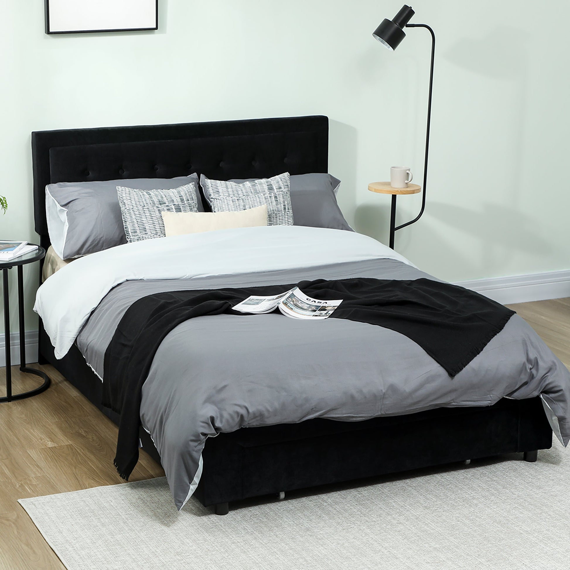 Upholstered Bed Frame with Storage Drawer and Adjustable Headboard, 5ft King Size Ottoman Bed with Gas Lift End Opening, Wooden Slats, No Mattress, Black
