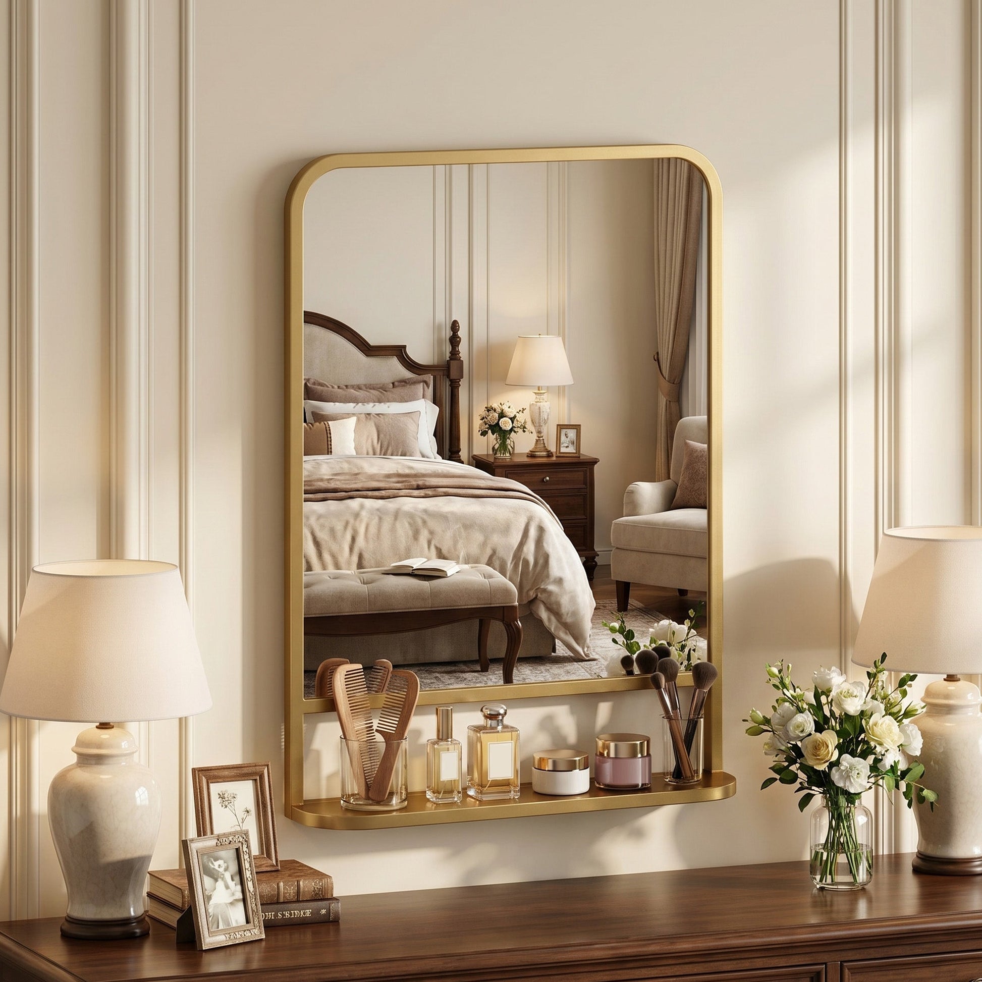 Modern Rectangular Wall Mirror with Storage Shelf, 70 x 50 cm Mirror for Living Room, Bedroom, Gold Tone