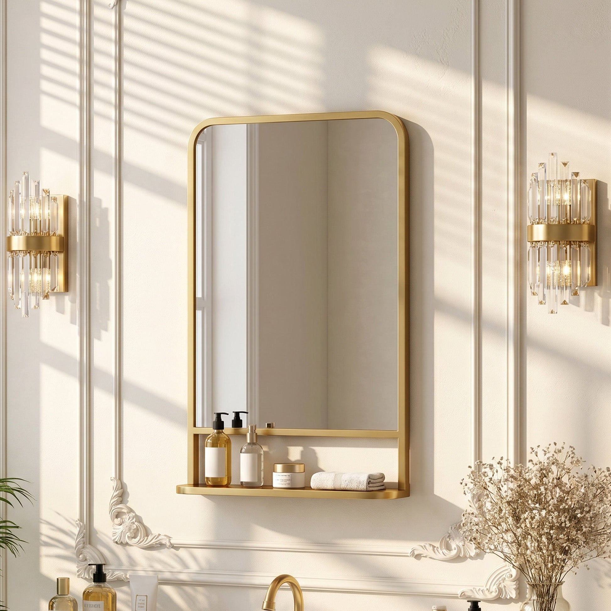 Modern Rectangular Wall Mirror with Storage Shelf, 70 x 50 cm Mirror for Living Room, Bedroom, Gold Tone