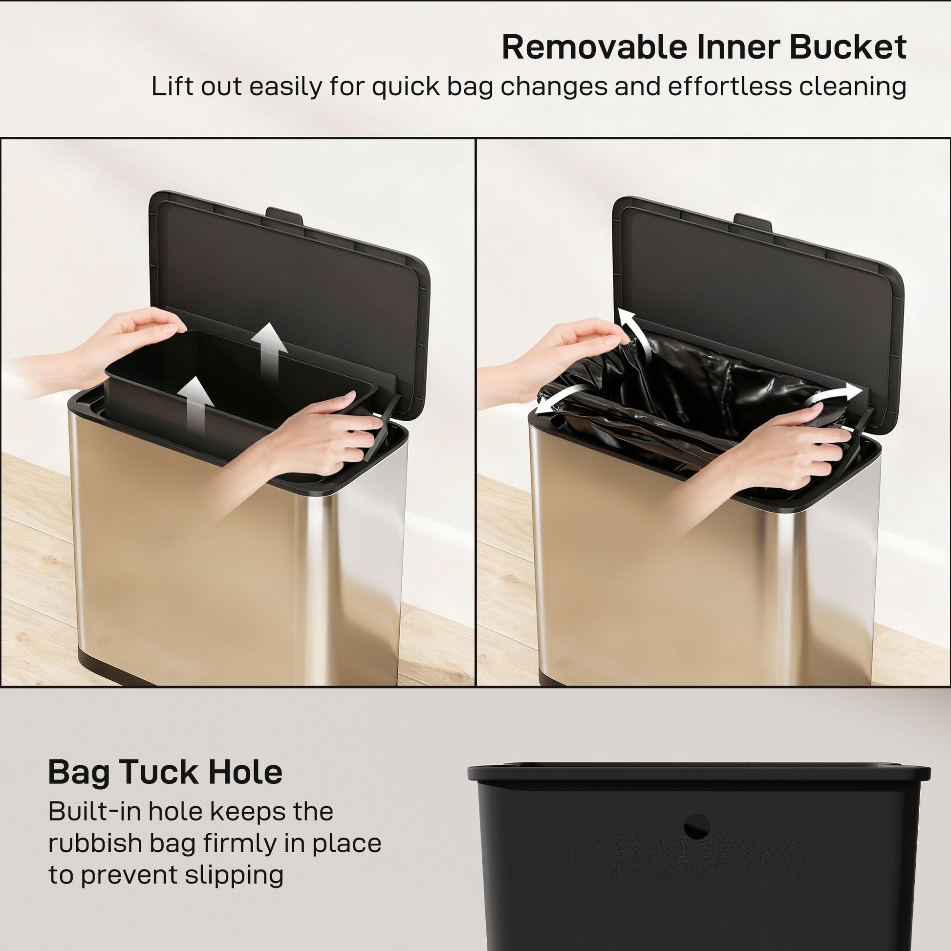 8L Hanging Kitchen Bin, Stainless Steel Rubbish bin with Press-to-Open and Stay-Open Lid, Removable Inner Bucket for Kitchen Cabinet Door, Under Sink, Bedroom, Office, Silver Tone
